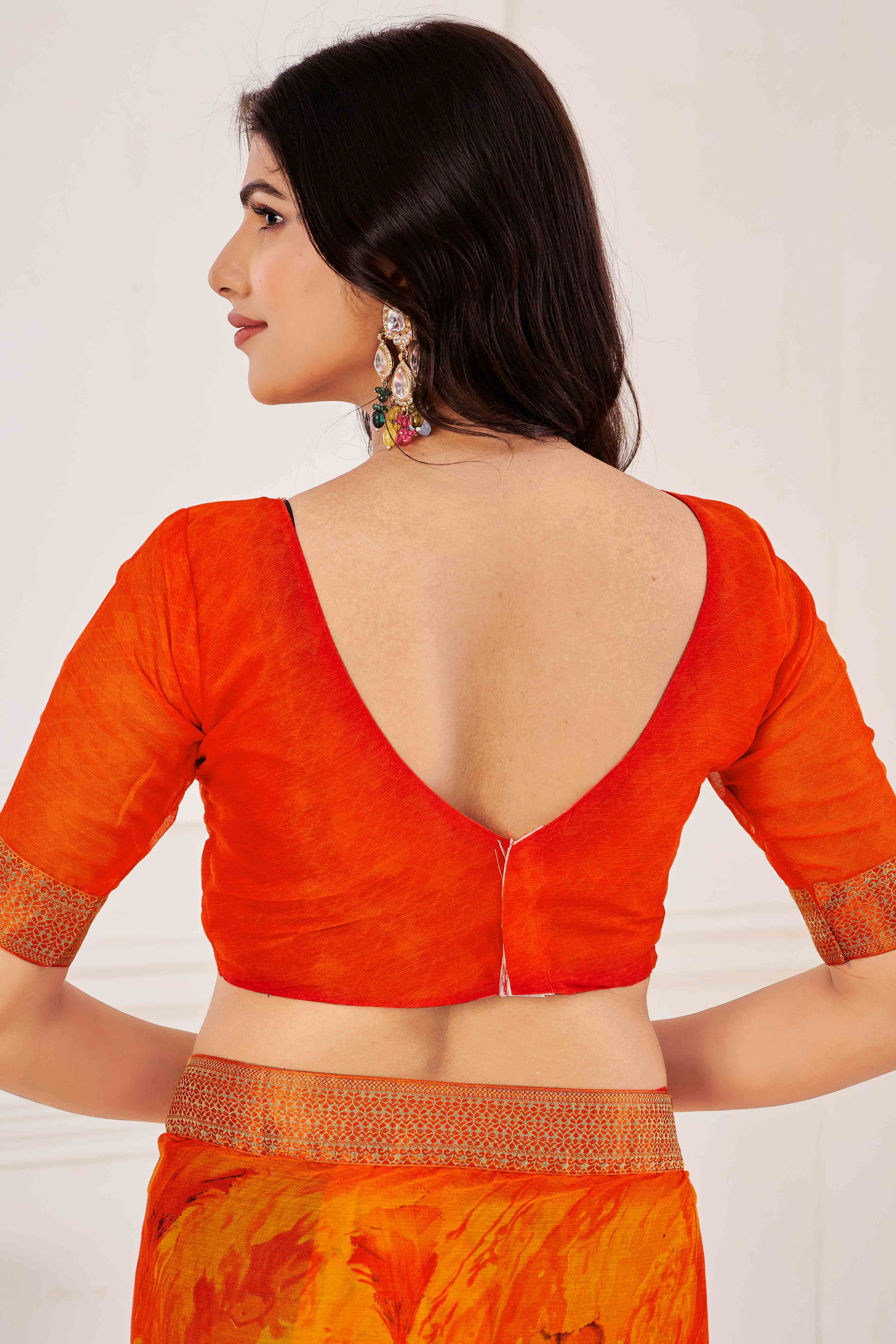 Orange Chiffon Saree with Tie-Dye Abstract Print & Lace Work With Lace Work