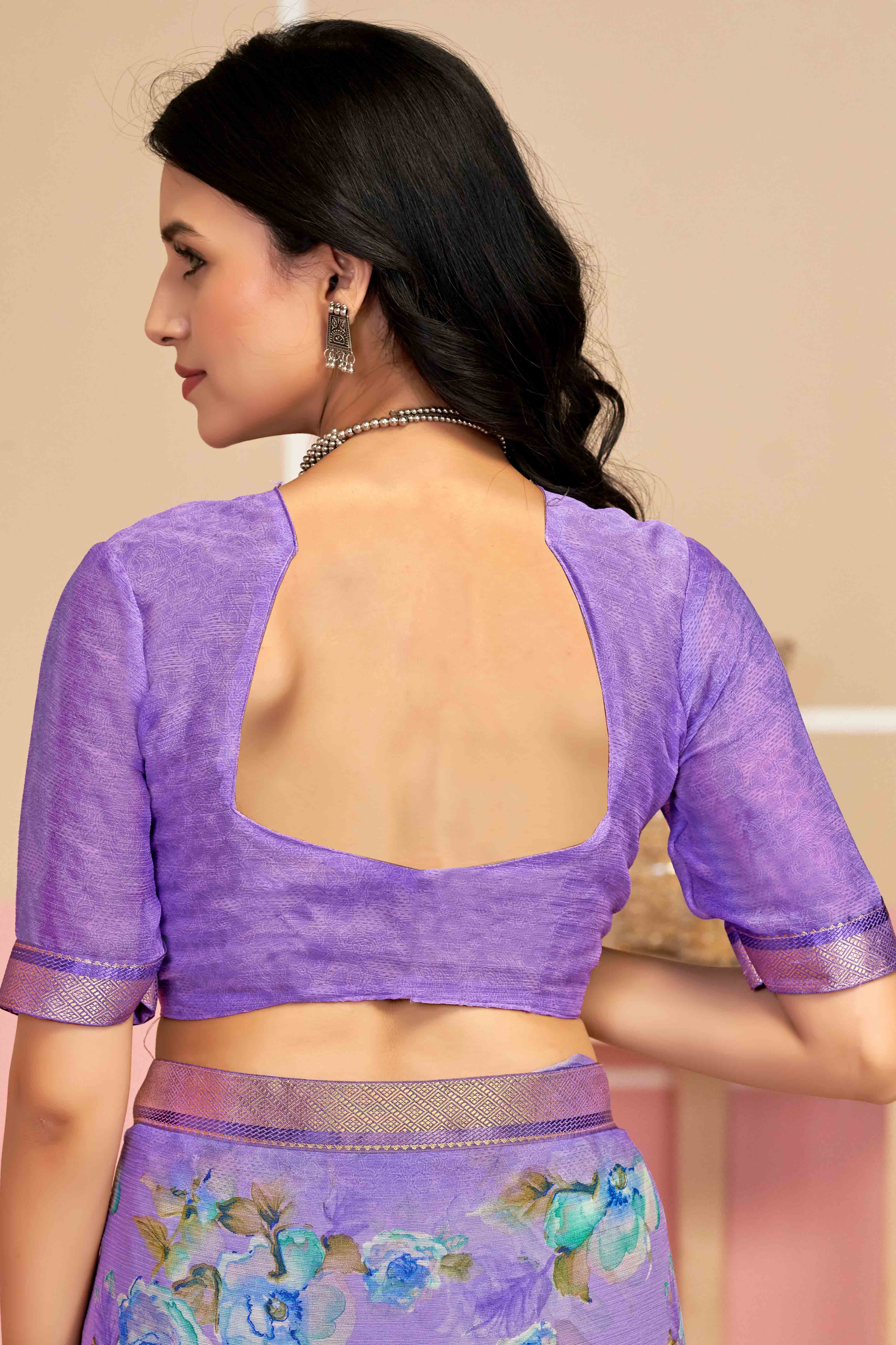 Timeless Floral Printed Chiffon Saree In Lavender with Delicate Woven Lace Border