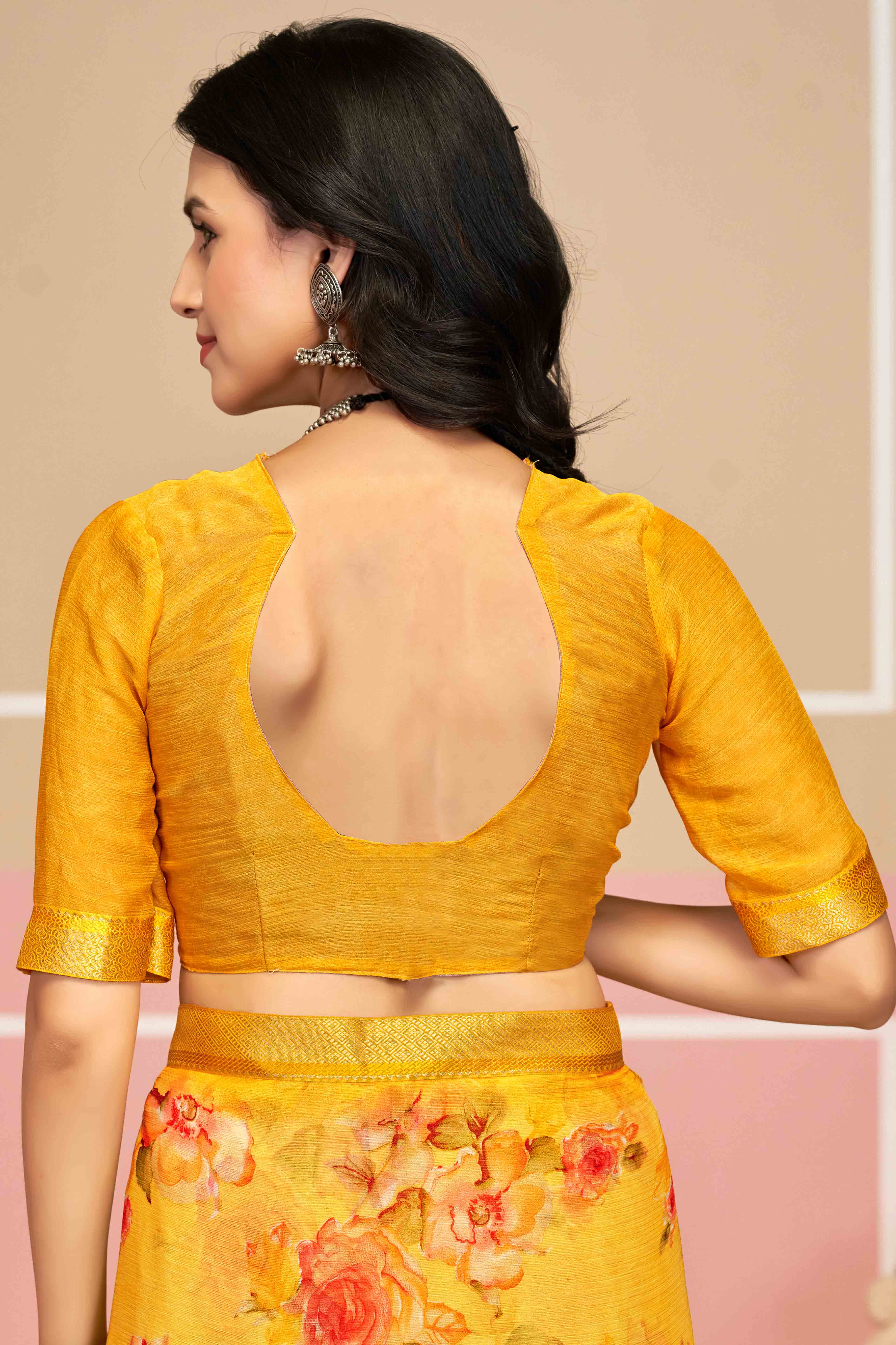 Refreshing Floral Printed Chiffon Saree In Mustard with Delicate Woven Lace Border