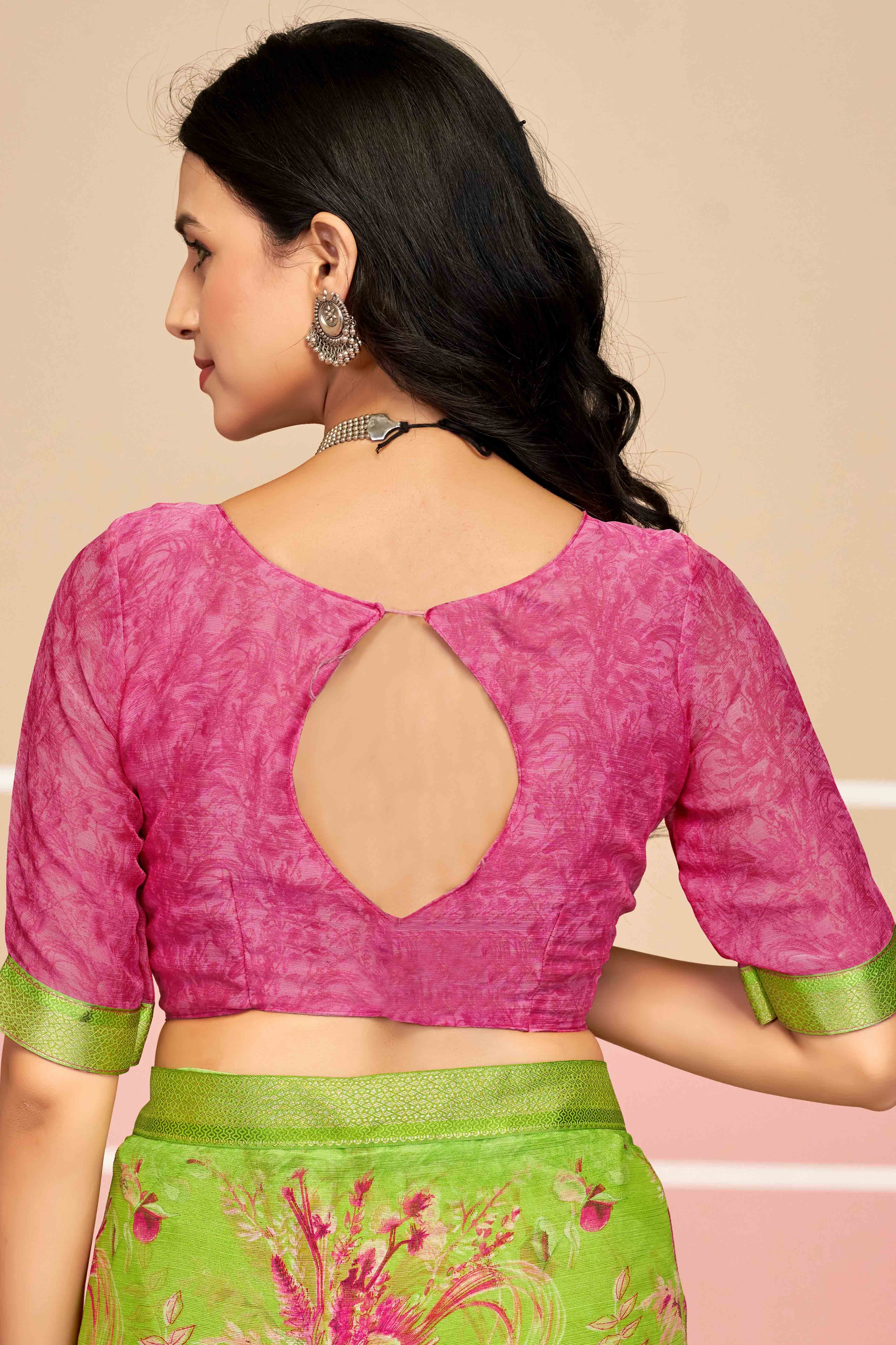 Stunning Floral Printed Chiffon Saree In Green with Delicate Woven Lace Border