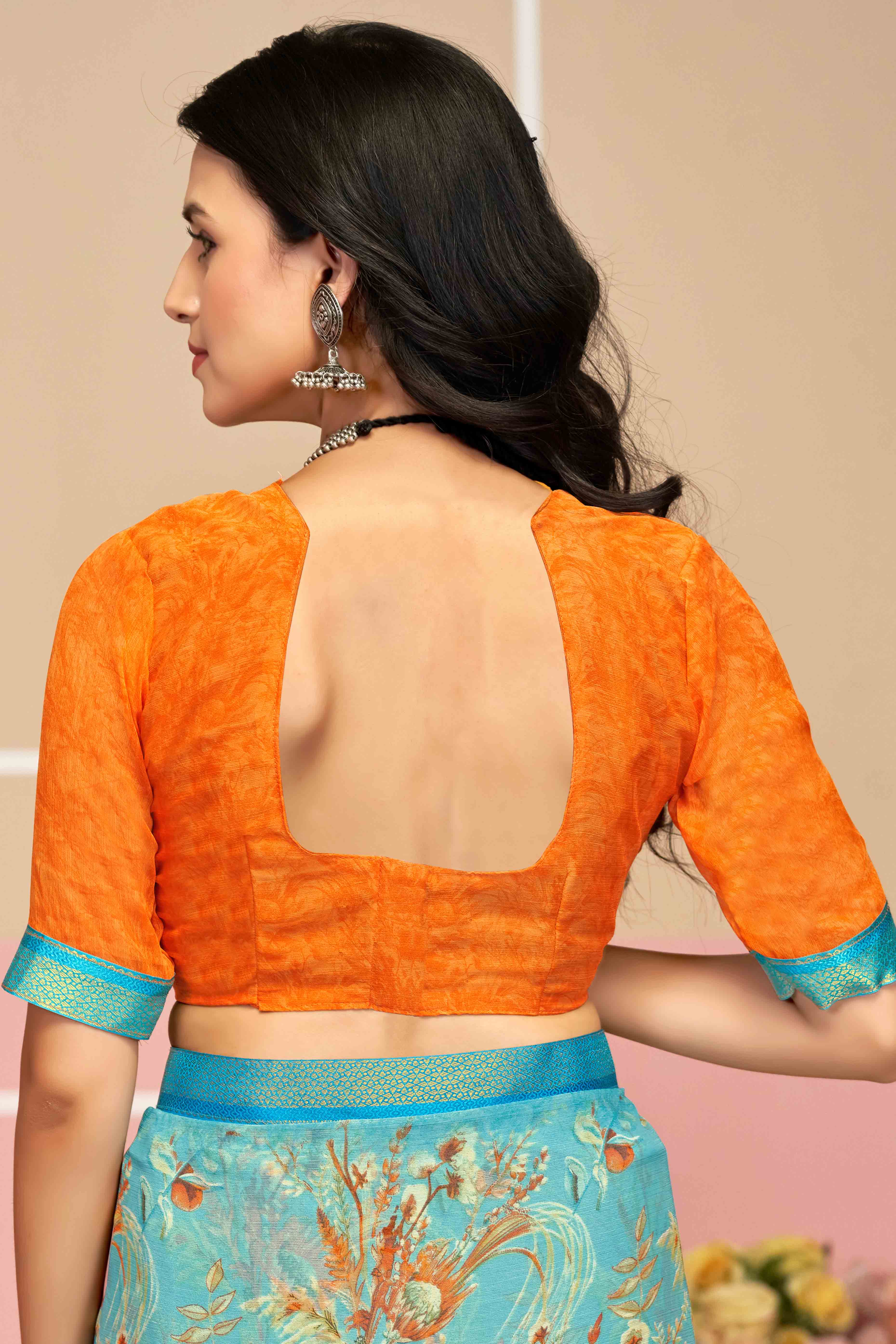 Dazzling Floral Printed Chiffon Saree In Sky Blue with Delicate Woven Lace Border