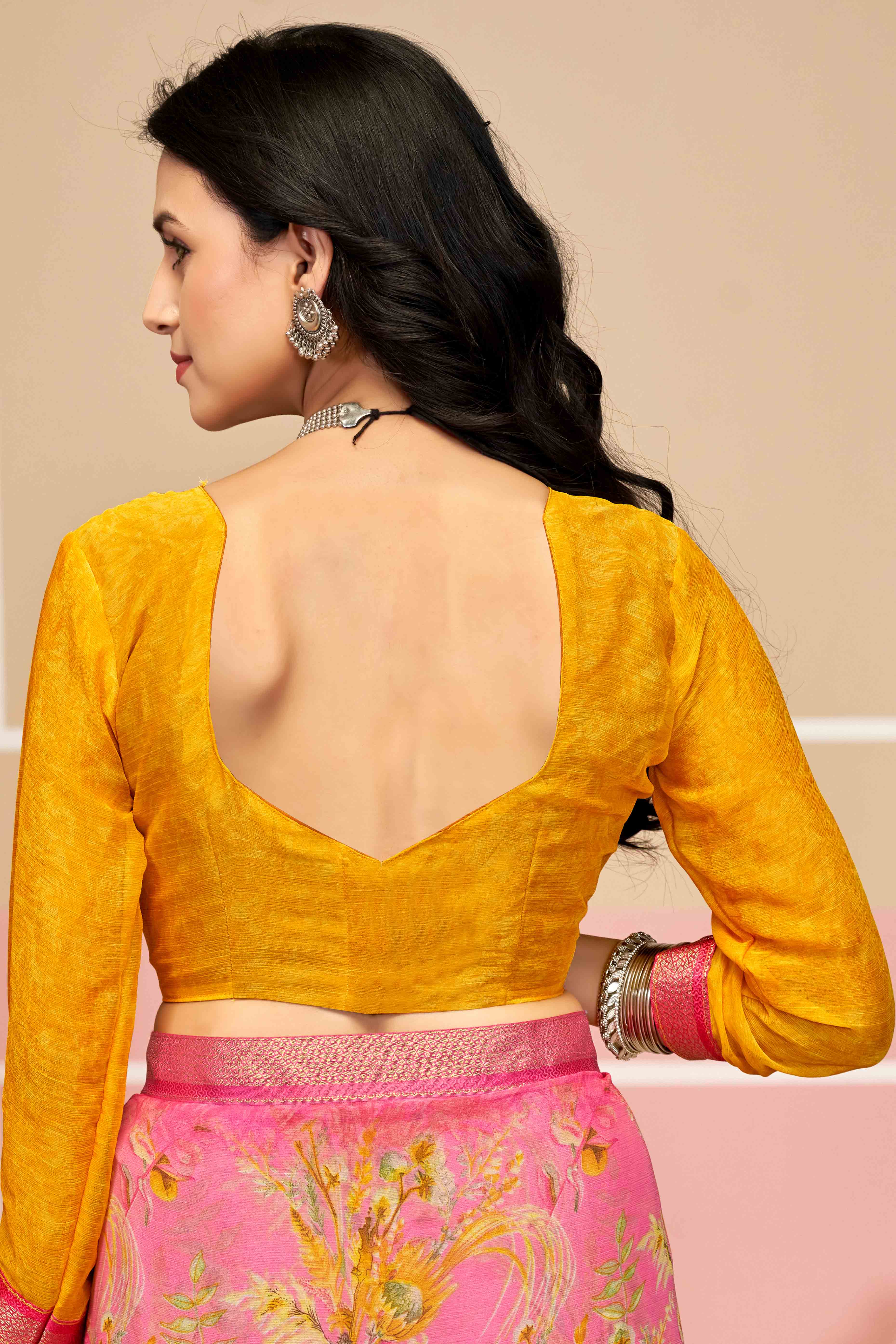 Refreshing Floral Printed Chiffon Saree In Pink with Delicate Woven Lace Border