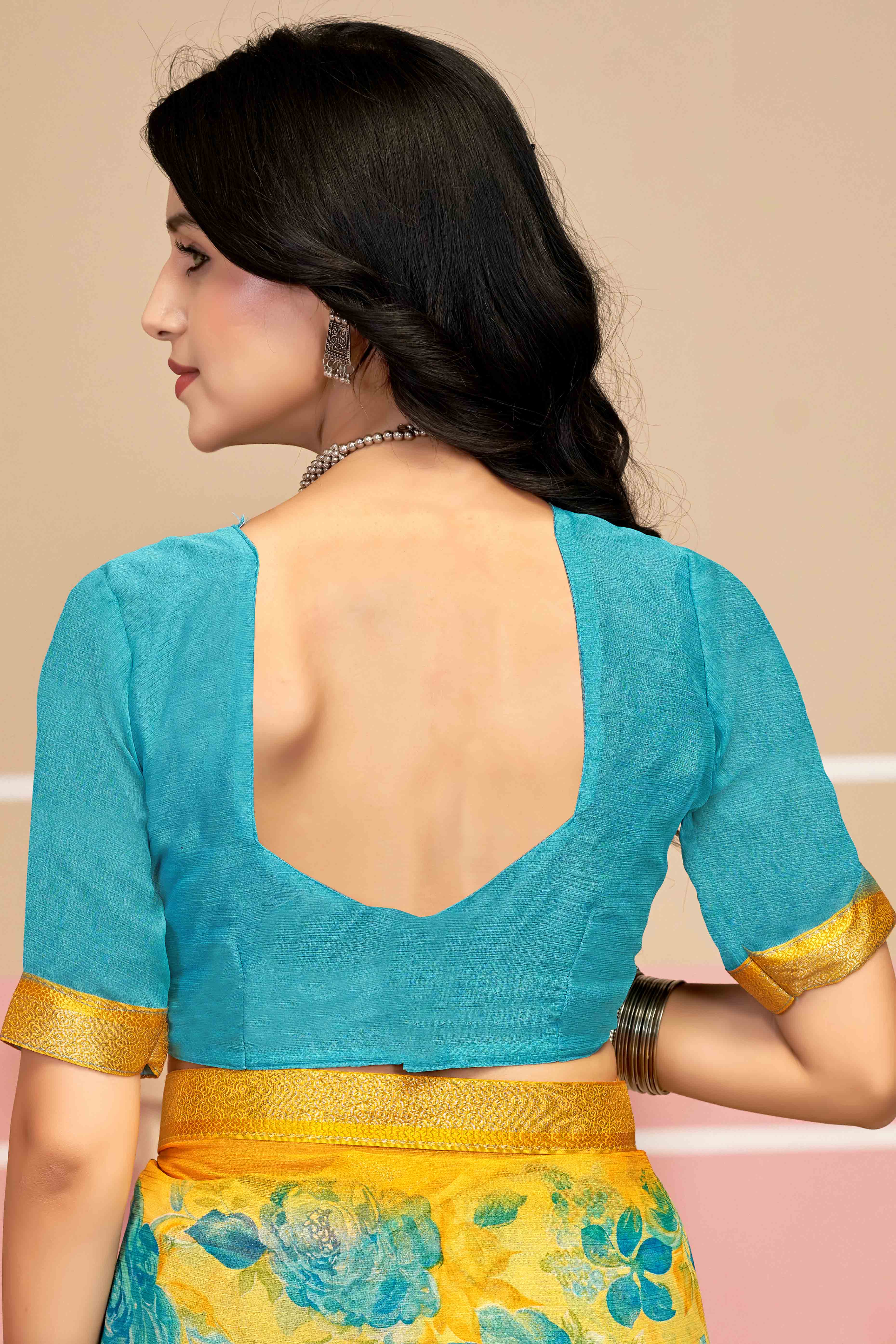 Stunning Floral Printed Chiffon Saree In Yellow with Delicate Woven Lace Border