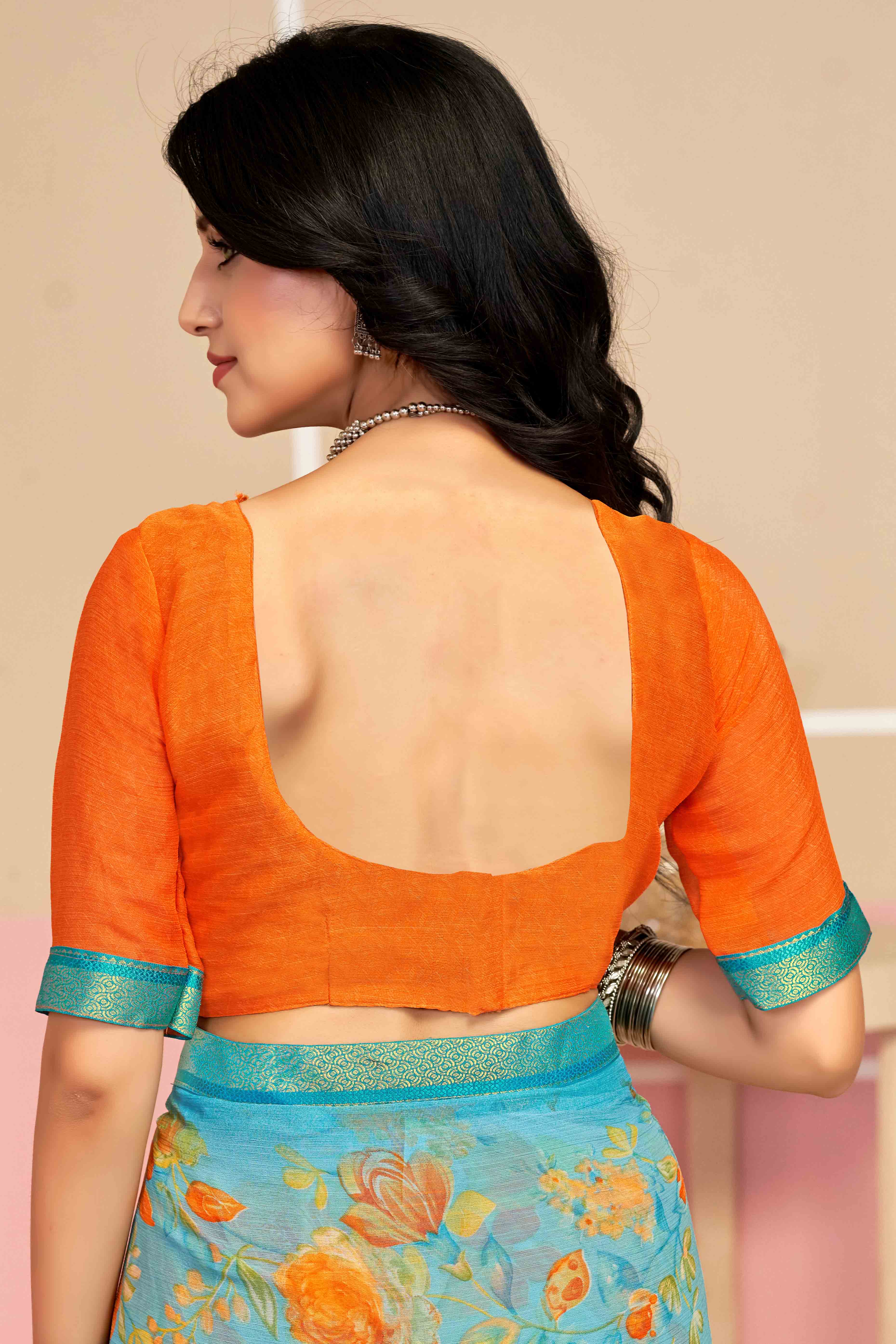 Sophisticated Floral Printed Chiffon Saree In Sky Blue with Delicate Woven Lace Border