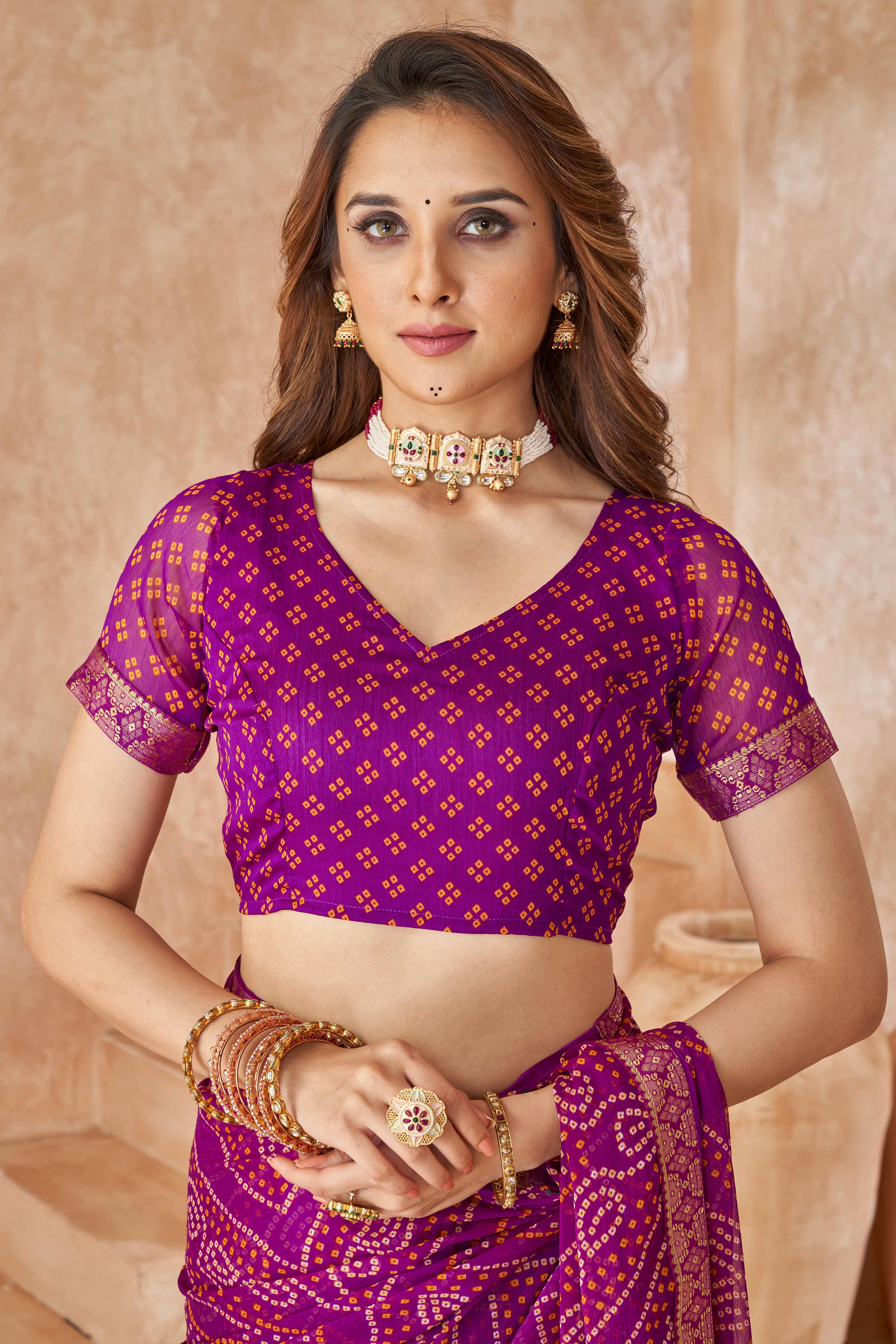Purple Chiffon Saree Featuring Traditional Bandhani Prints & A Graceful Lace Edge