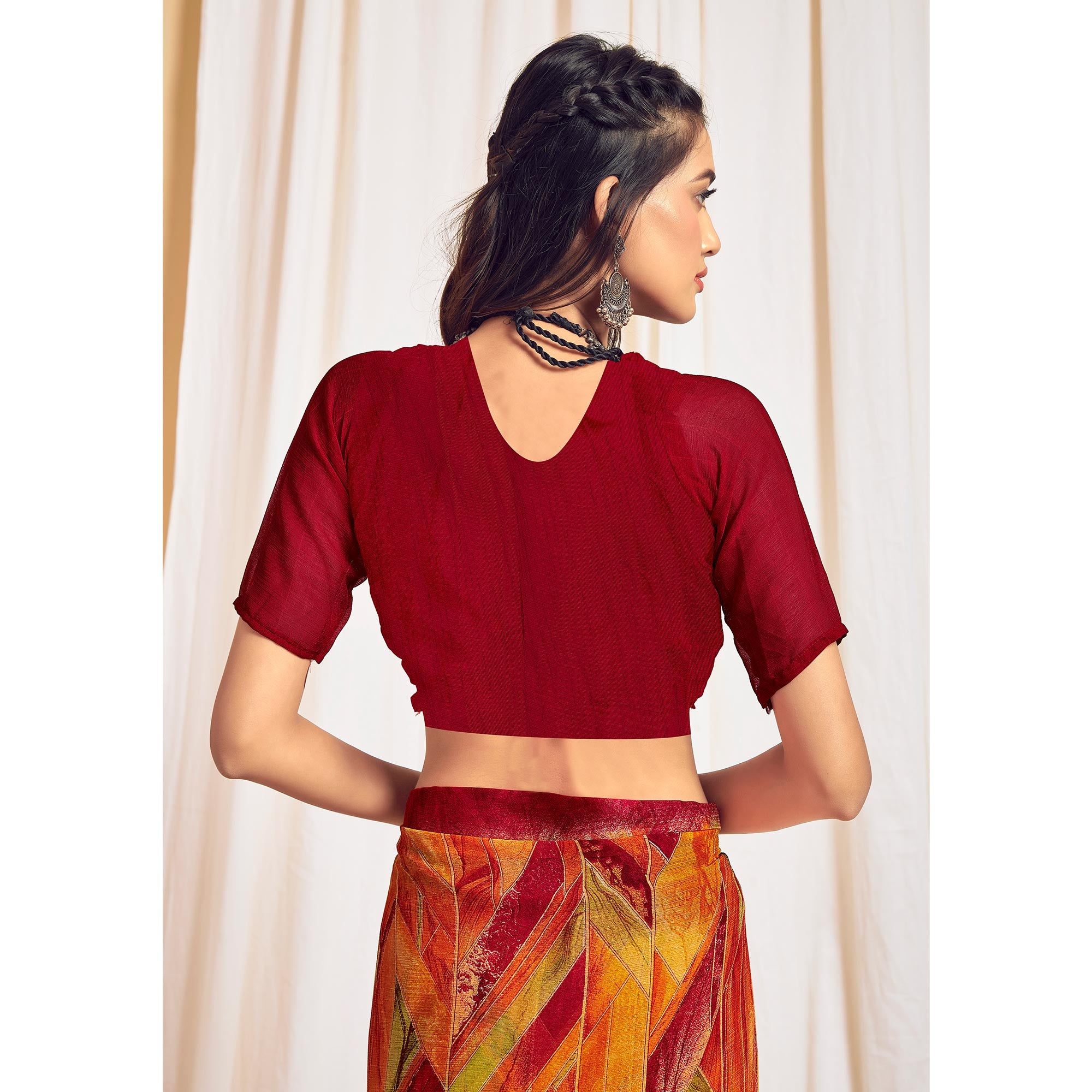 Orange & Red Printed Chiffon Saree