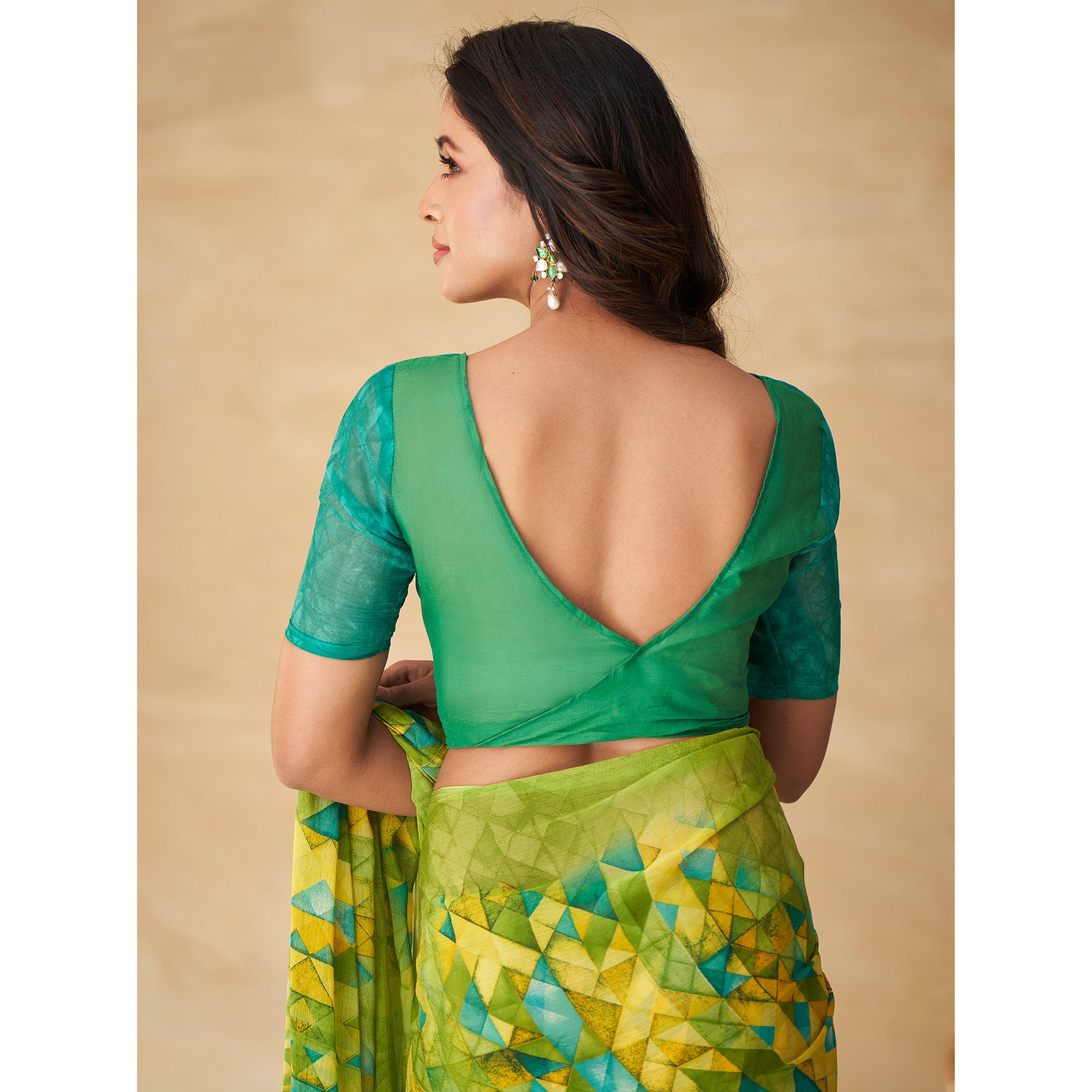 Yellow & Green Geometric Printed Chiffon Saree