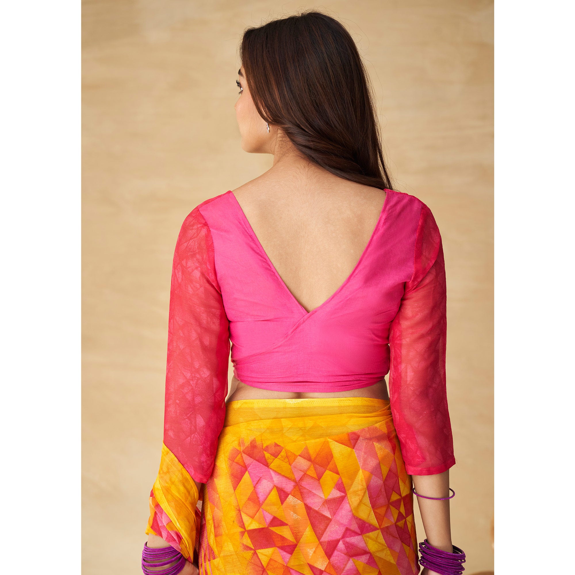 Yellow & Pink Geometric Printed Chiffon Saree
