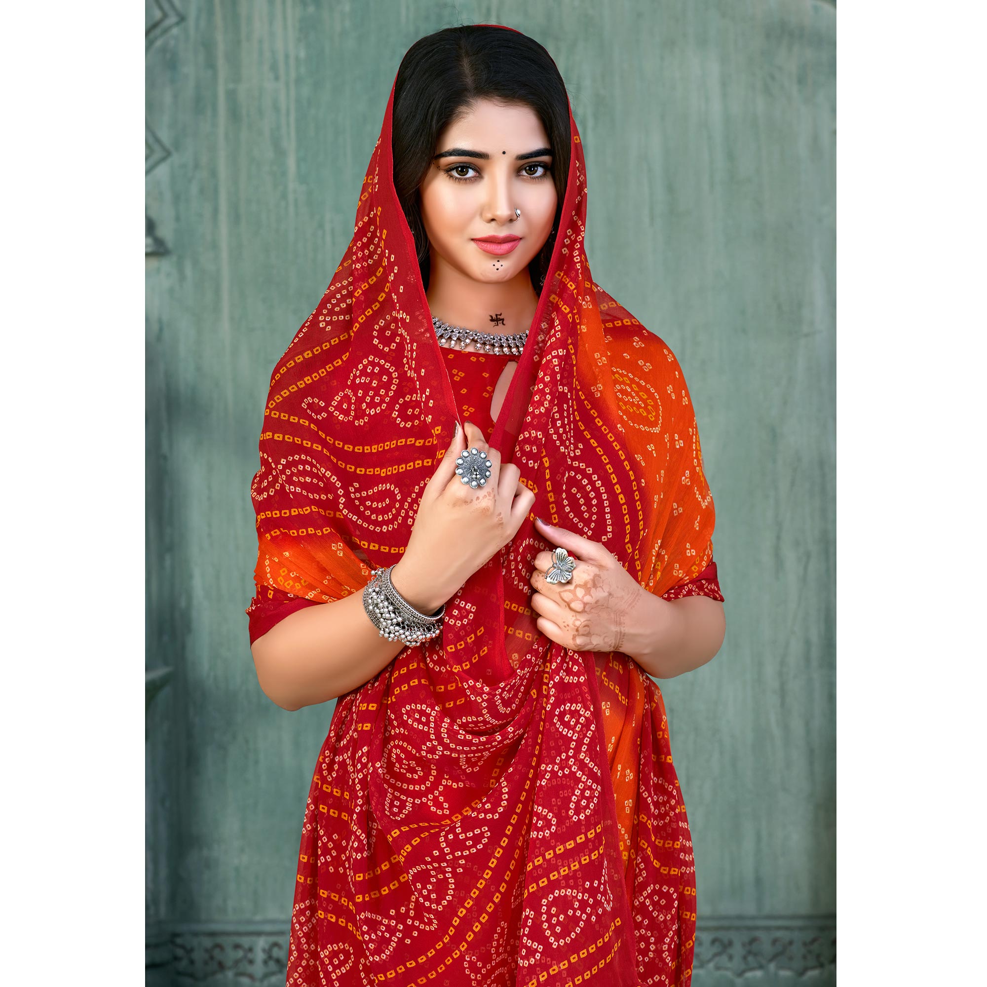 Red & Orange Bandhani Printed Chiffon Saree