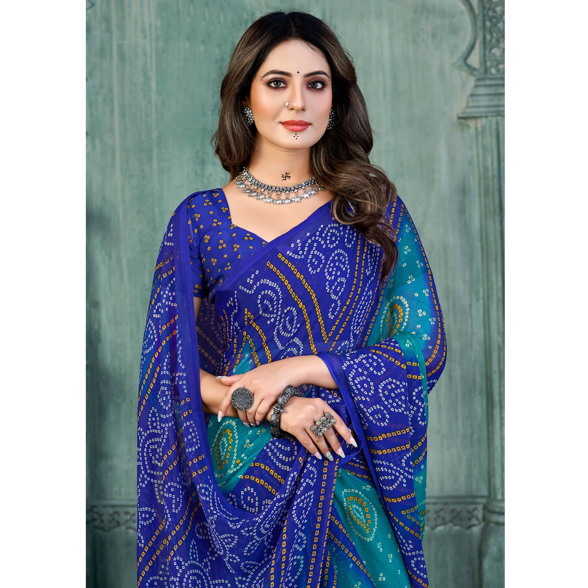 Blue & Teal Bandhani Printed Chiffon Saree
