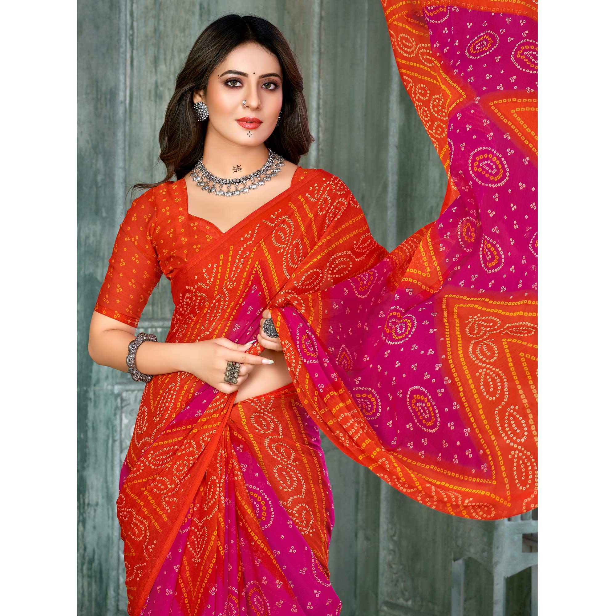 Orange & Magenta Bandhani Printed Chiffon Saree