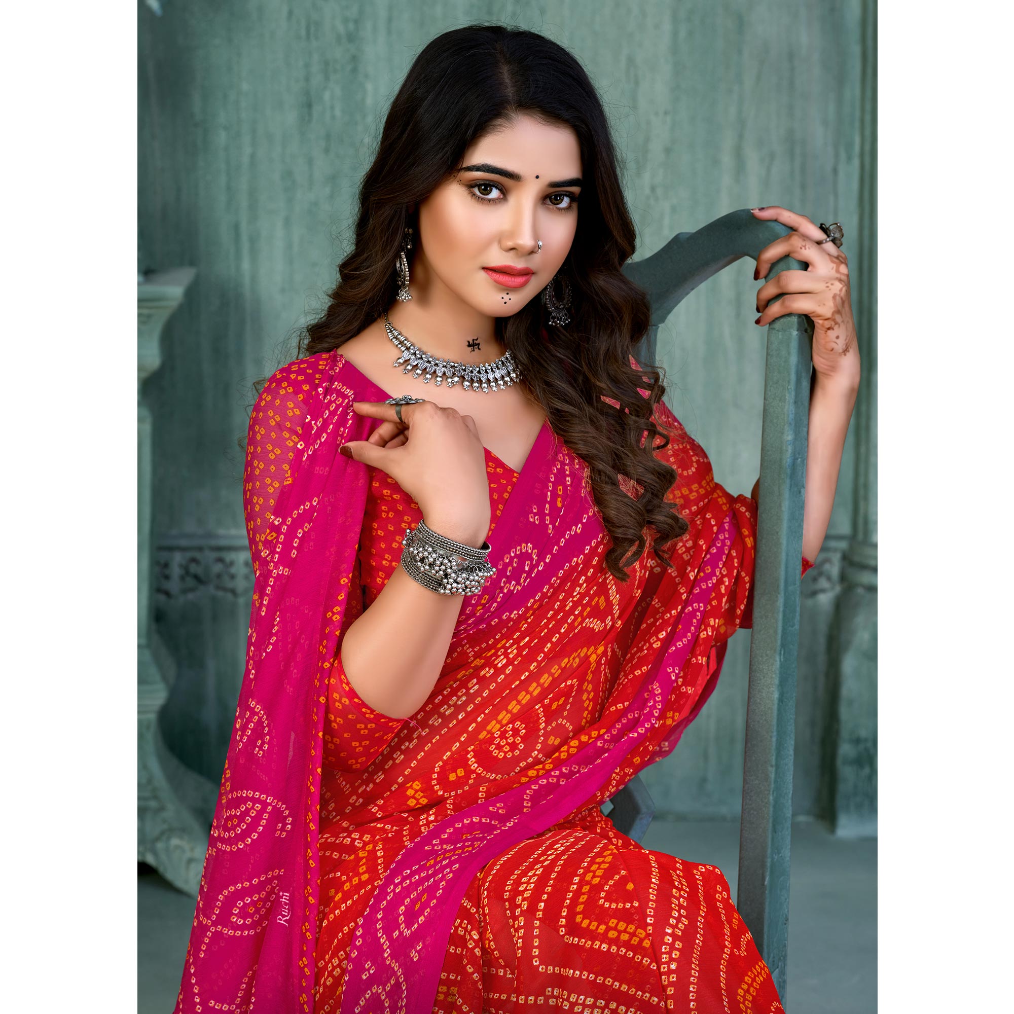 Red & Rani pink Bandhani Printed Chiffon Saree