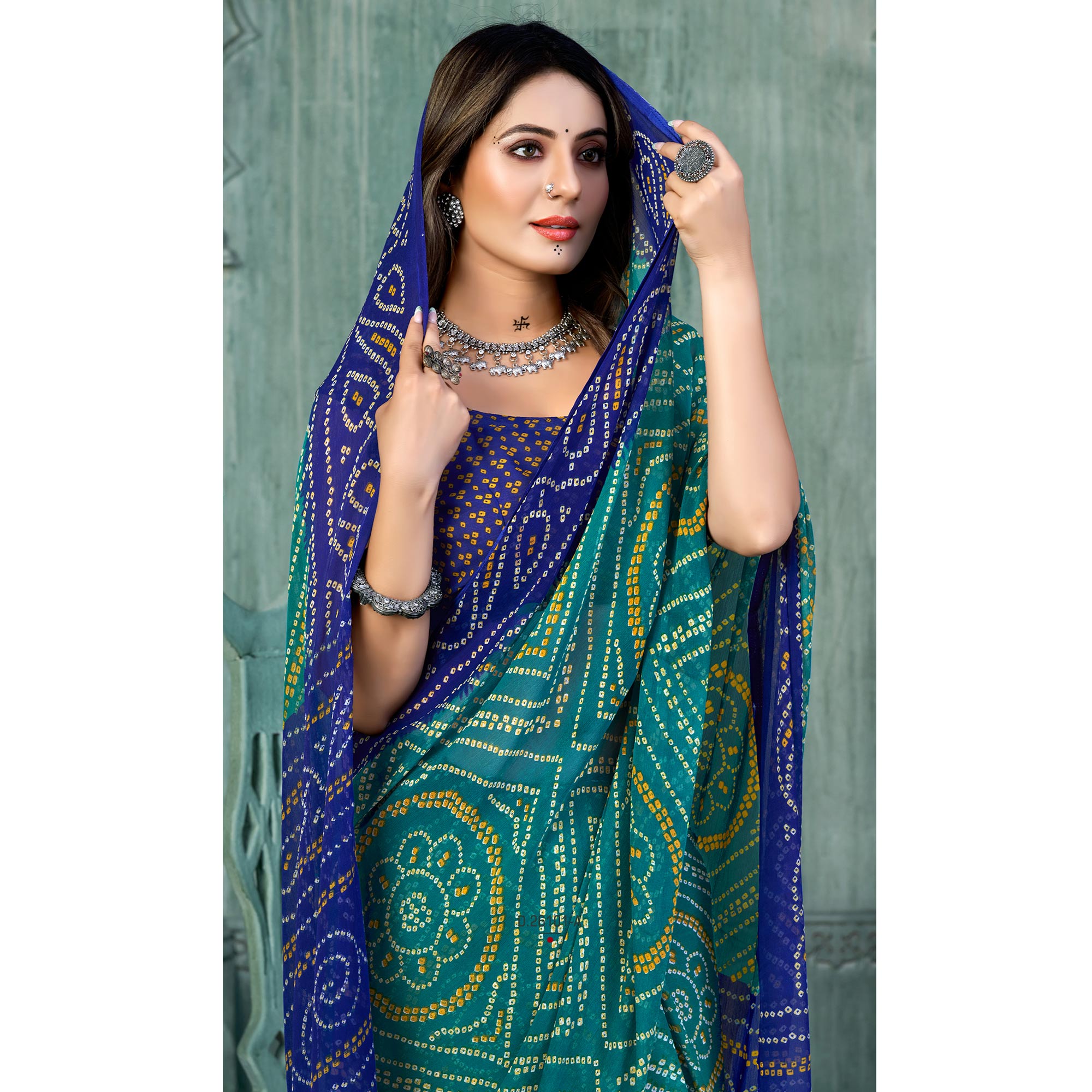 Teal & Blue Bandhani Printed Chiffon Saree