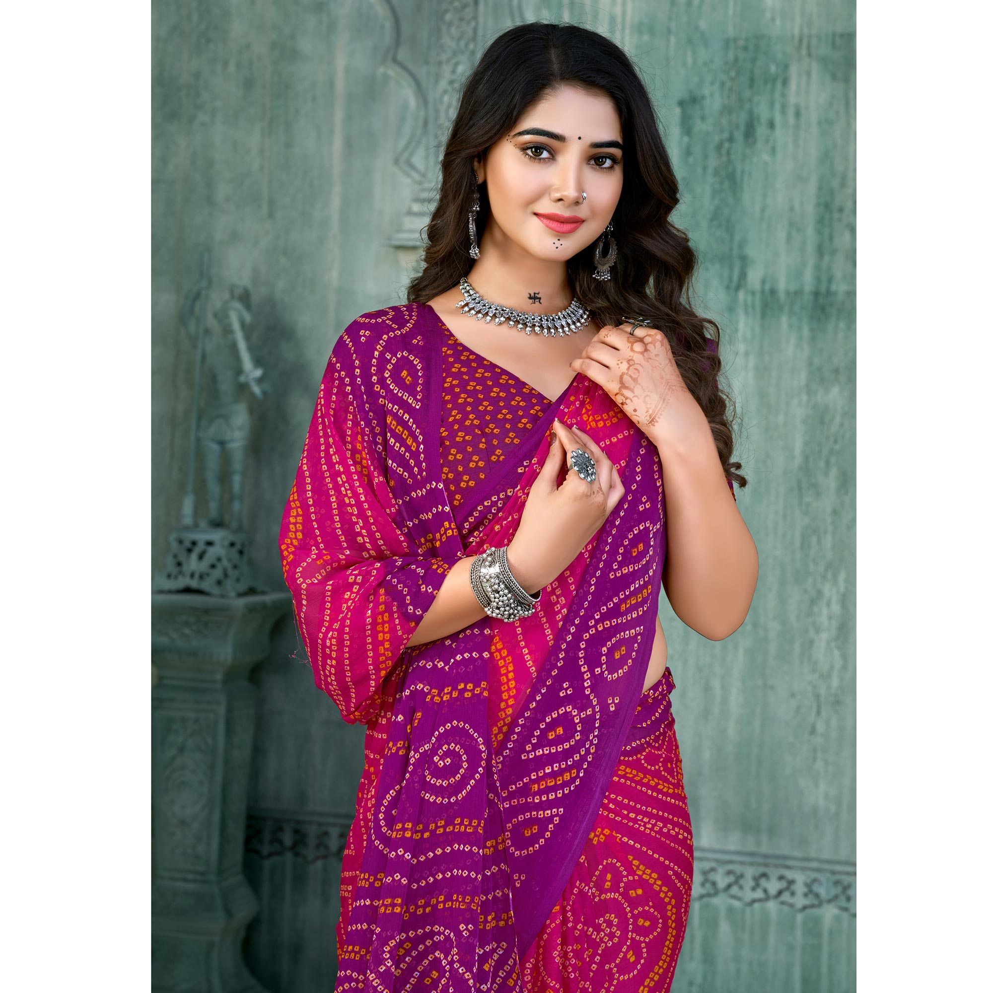 Magenta & Purple Bandhani Printed Chiffon Saree