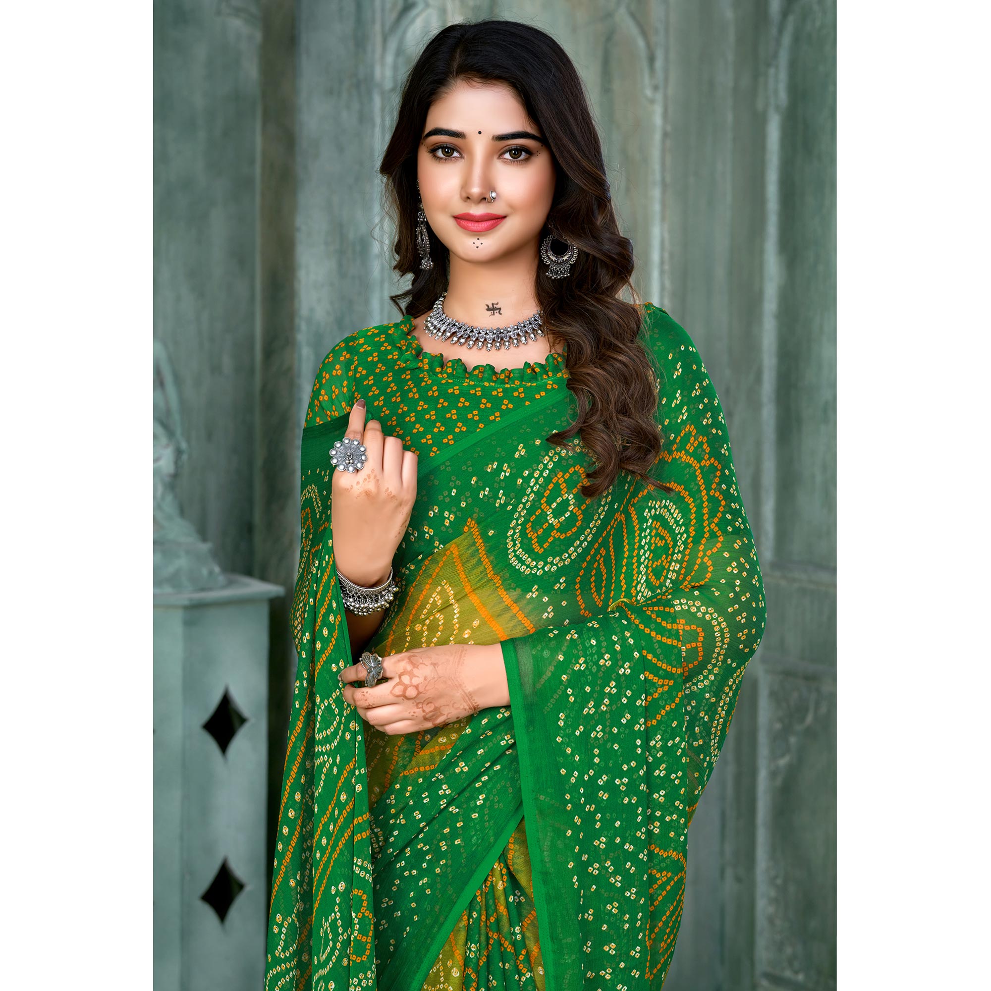 Green & Lemon Yellow Bandhani Printed Chiffon Saree