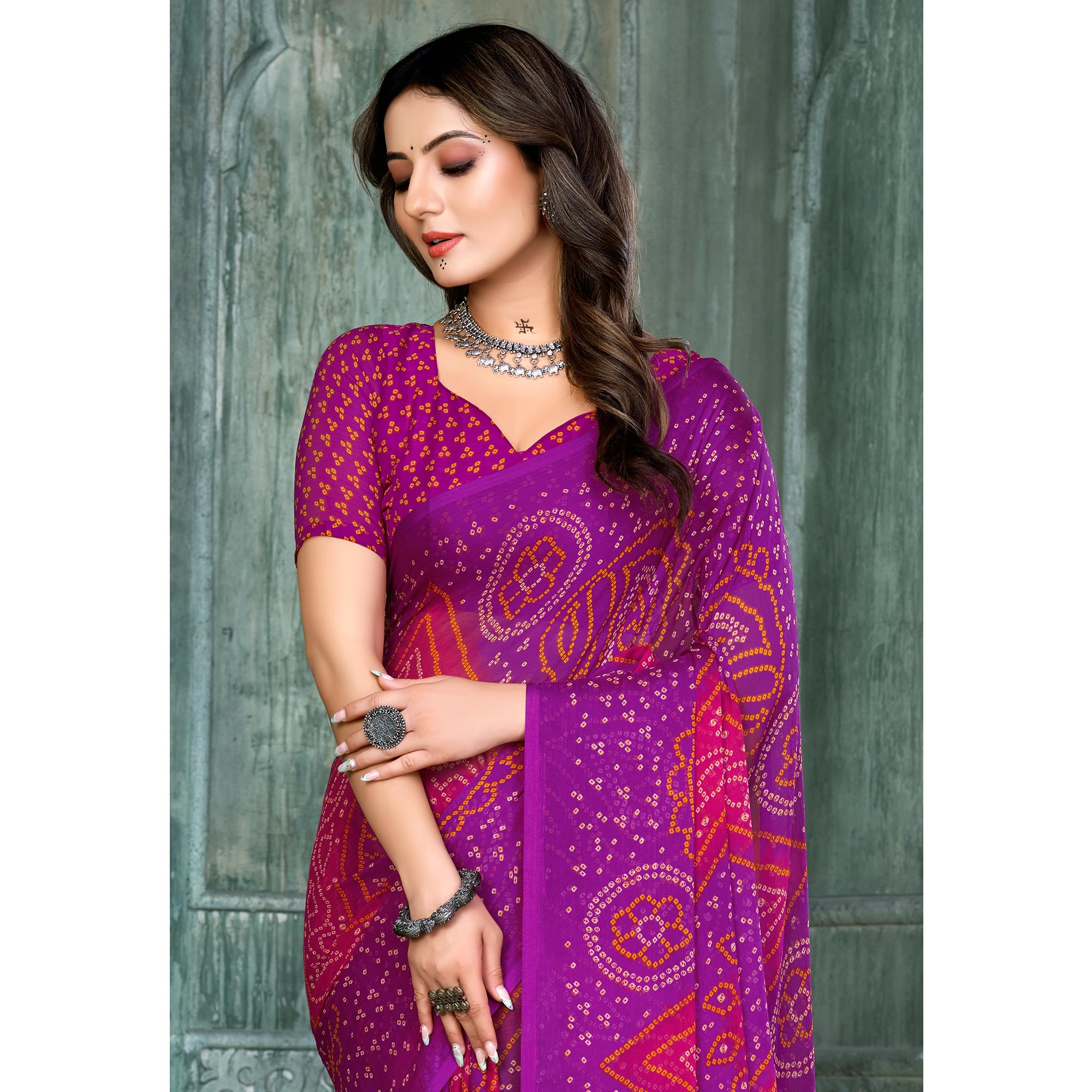 Purple & Magenta Bandhani Printed Chiffon Saree