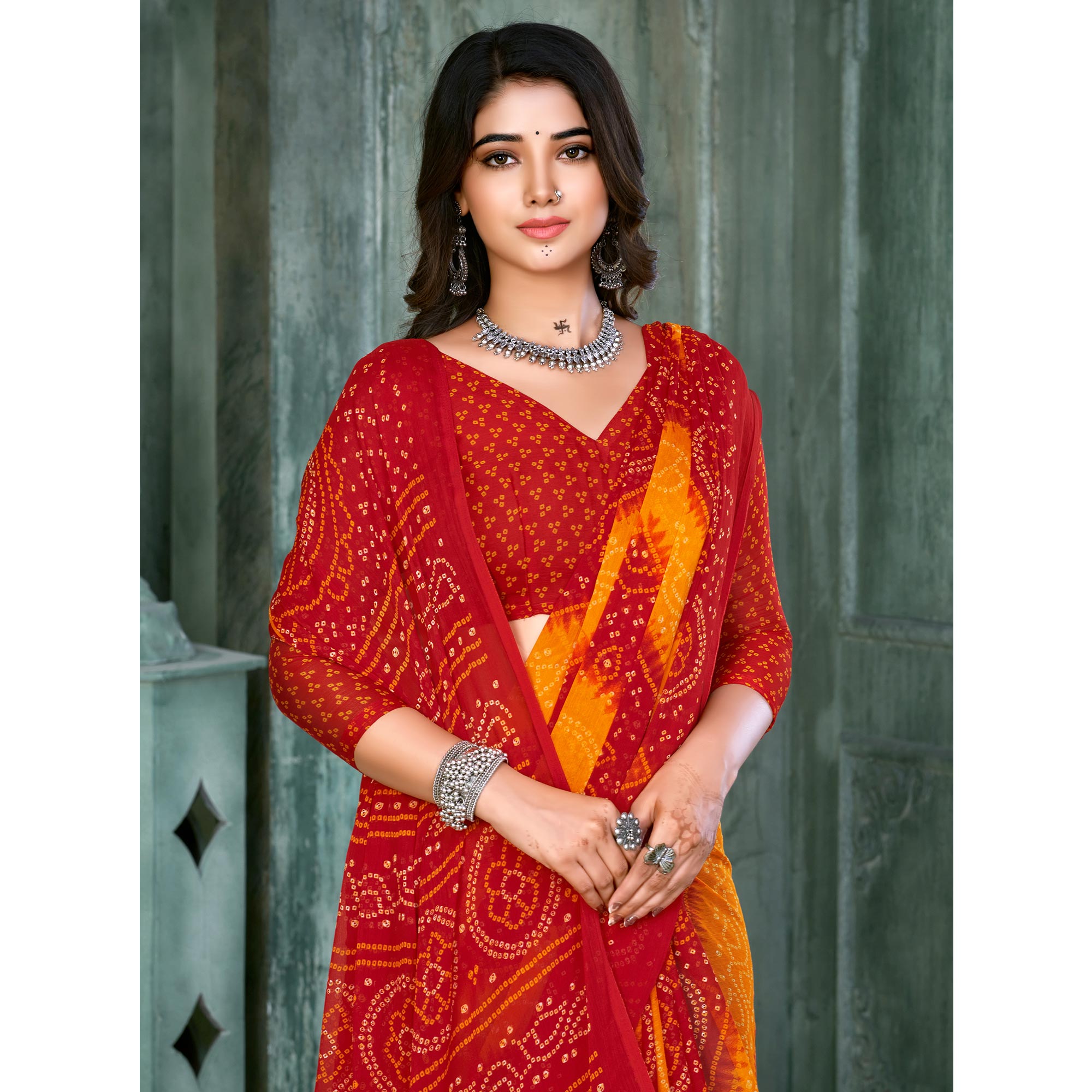 Red & Yellow Bandhani Printed Chiffon Saree