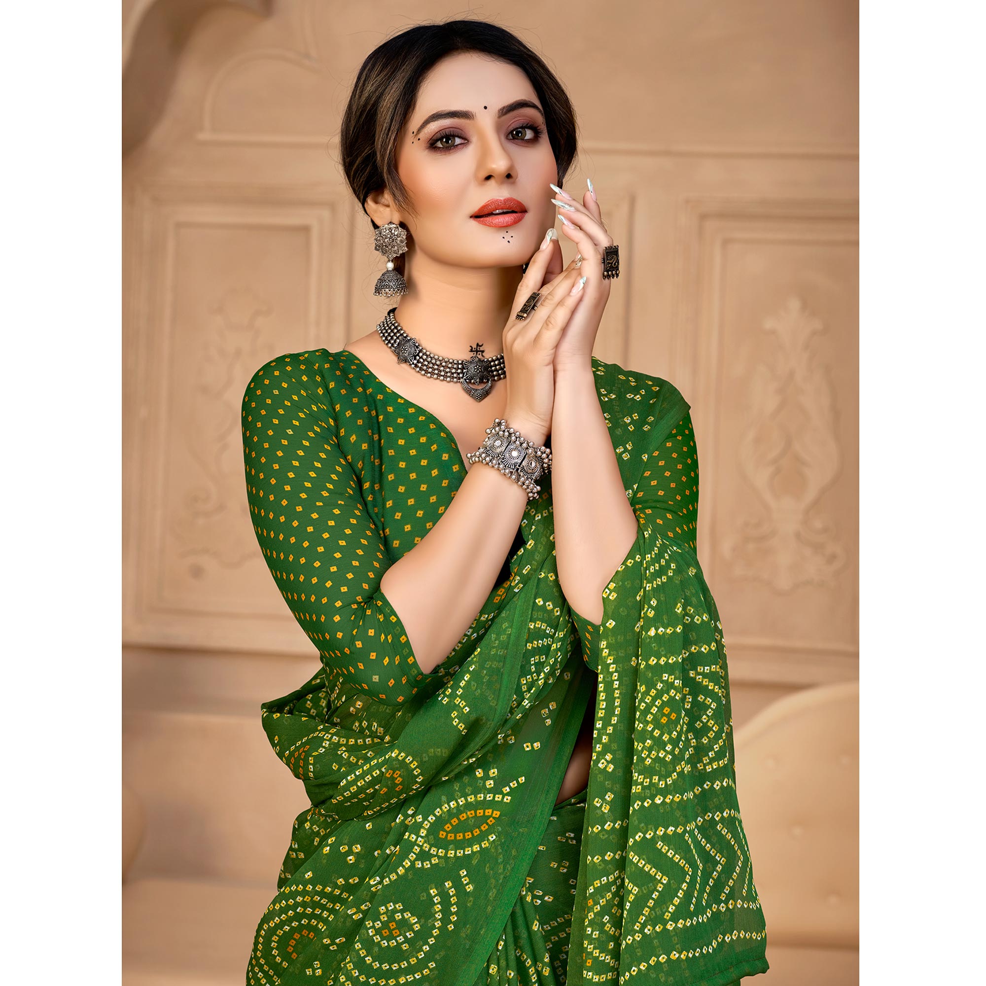 Green Bandhani Printed Chiffon Saree