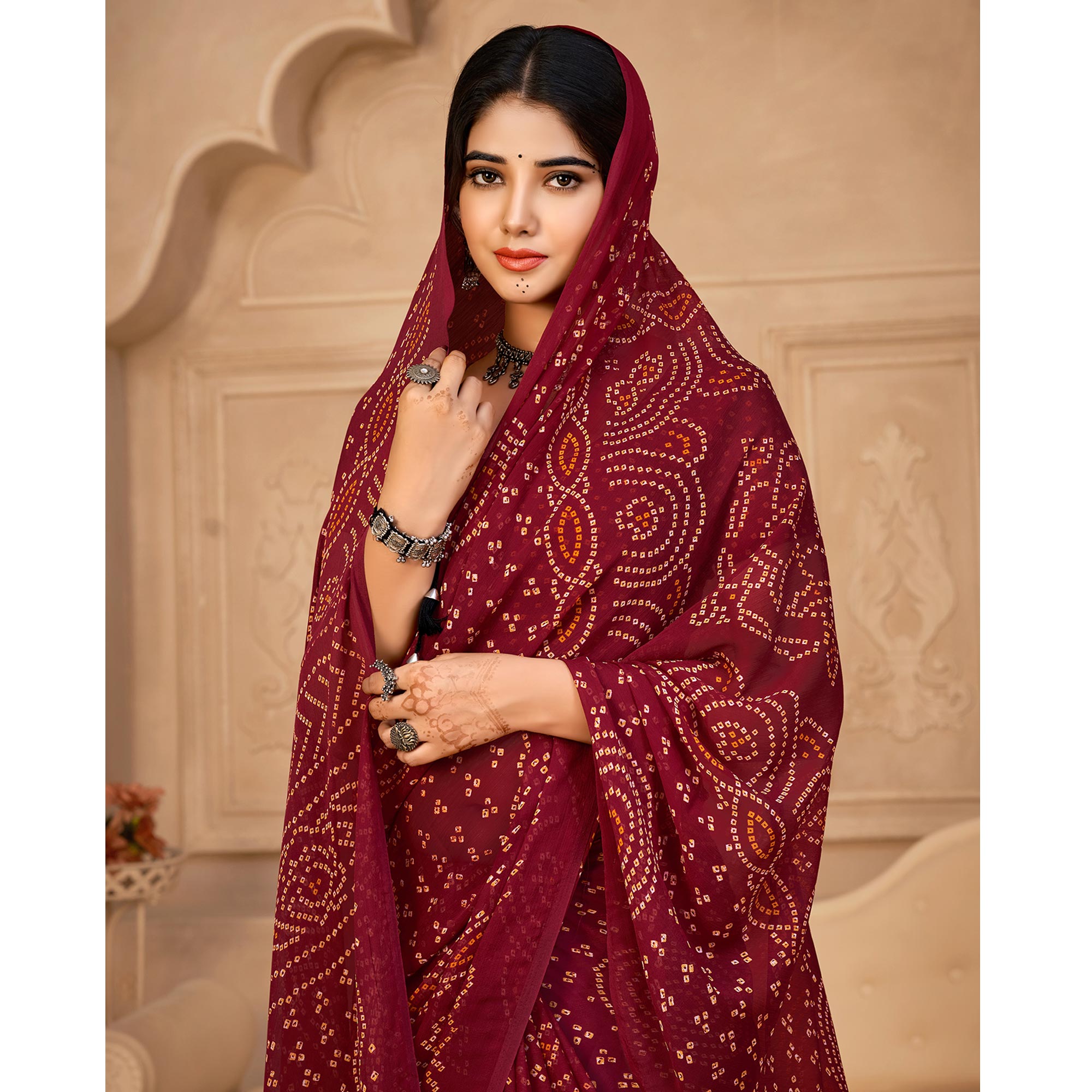 Maroon Bandhani Printed Chiffon Saree