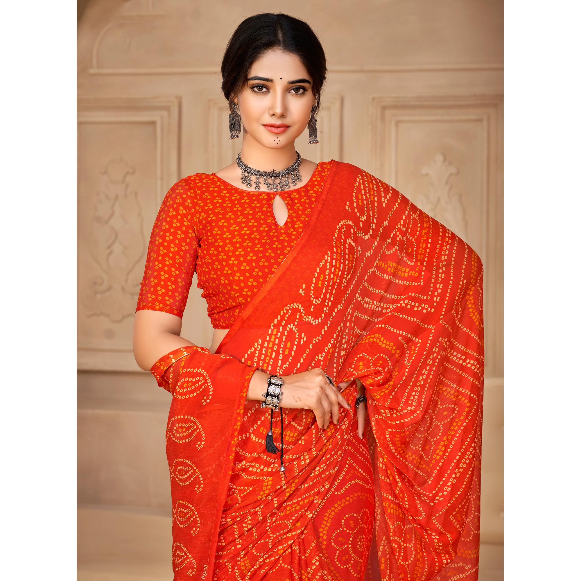 Orange Bandhani Printed Chiffon Saree