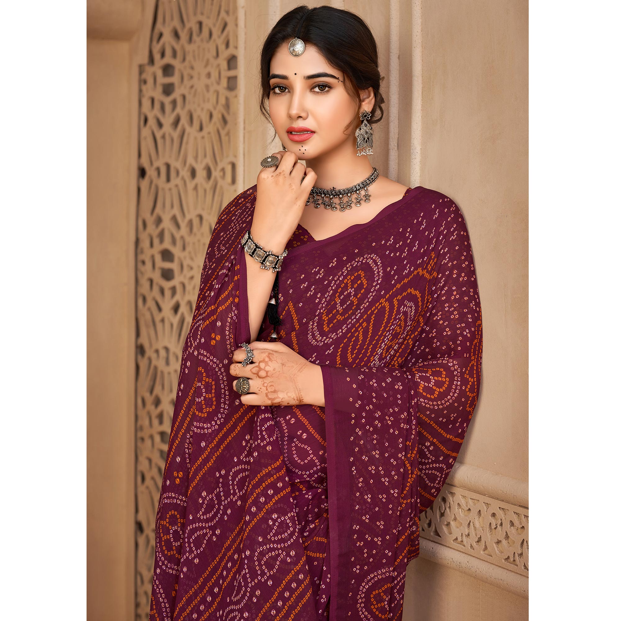 Wine Bandhani Printed Chiffon Saree