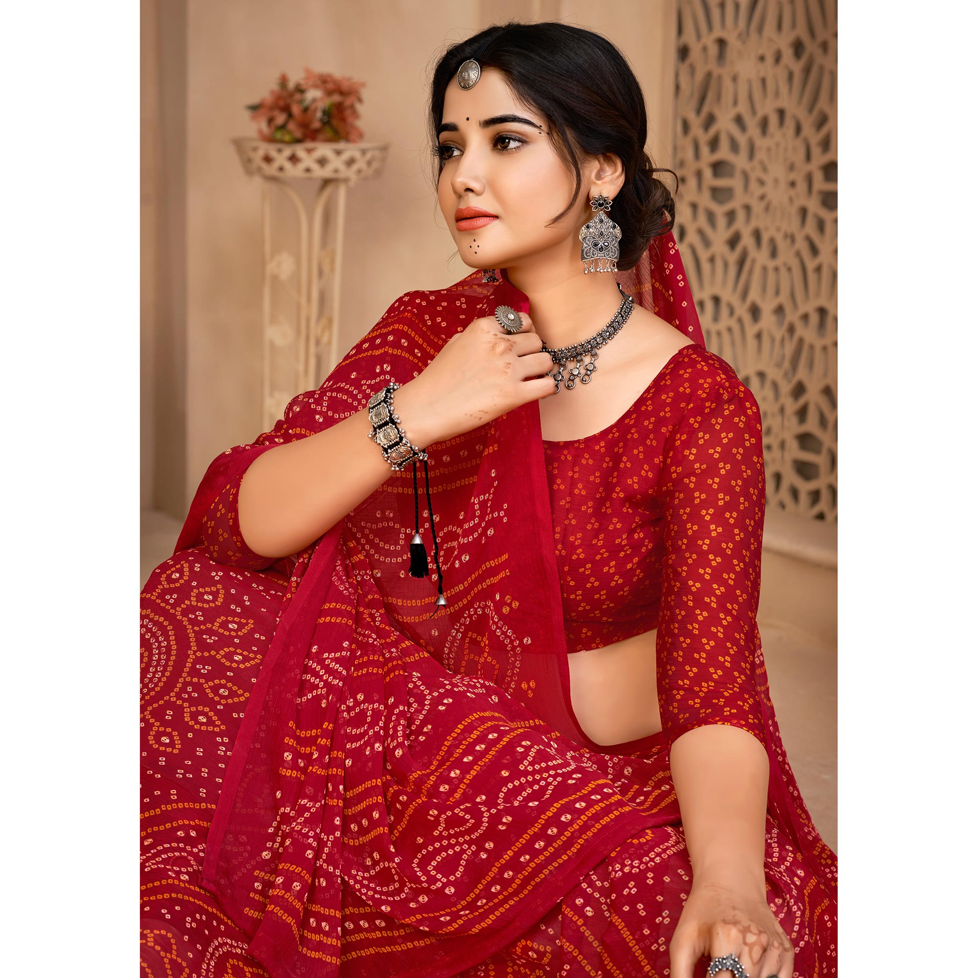 Red Bandhani Printed Chiffon Saree