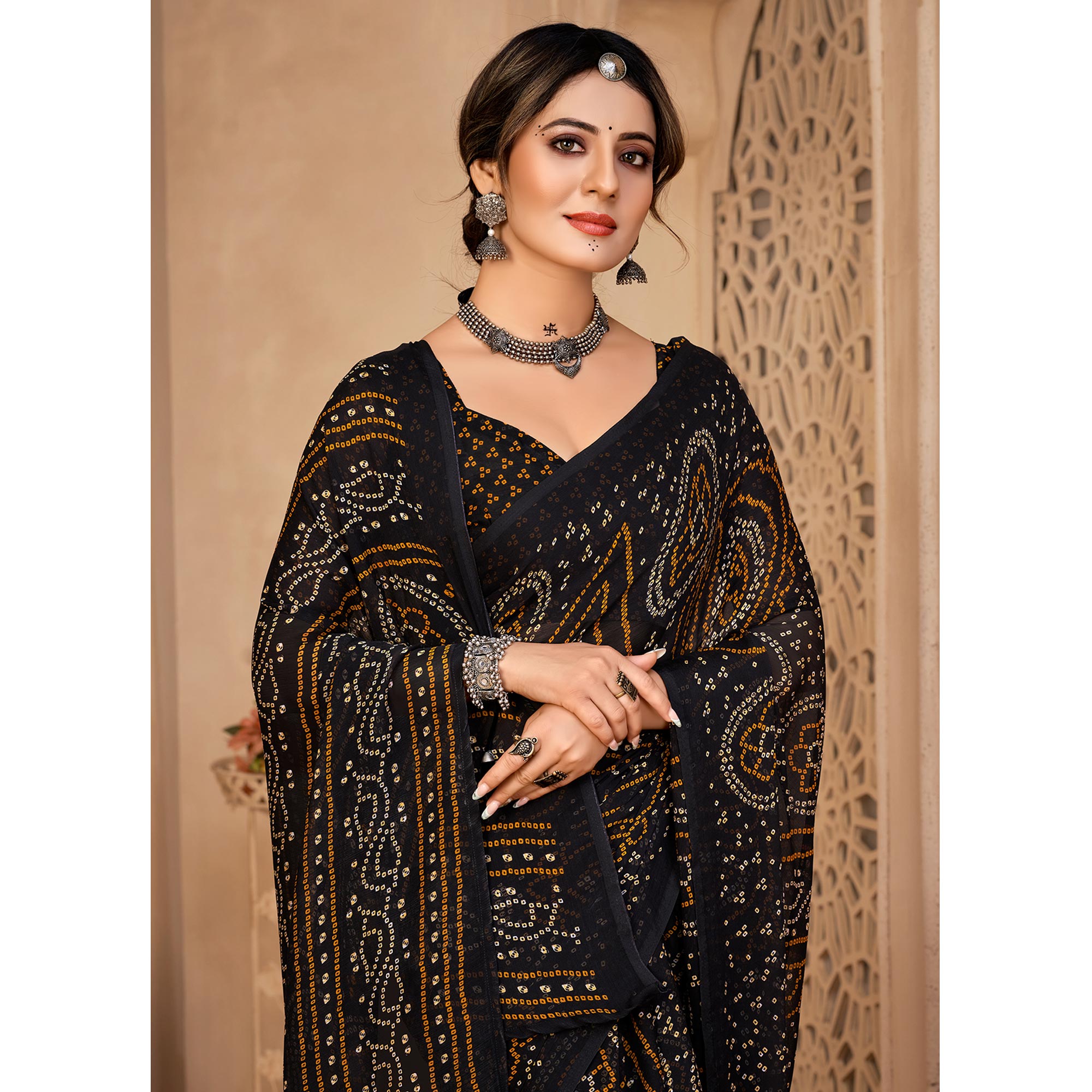 Black Bandhani Printed Chiffon Saree