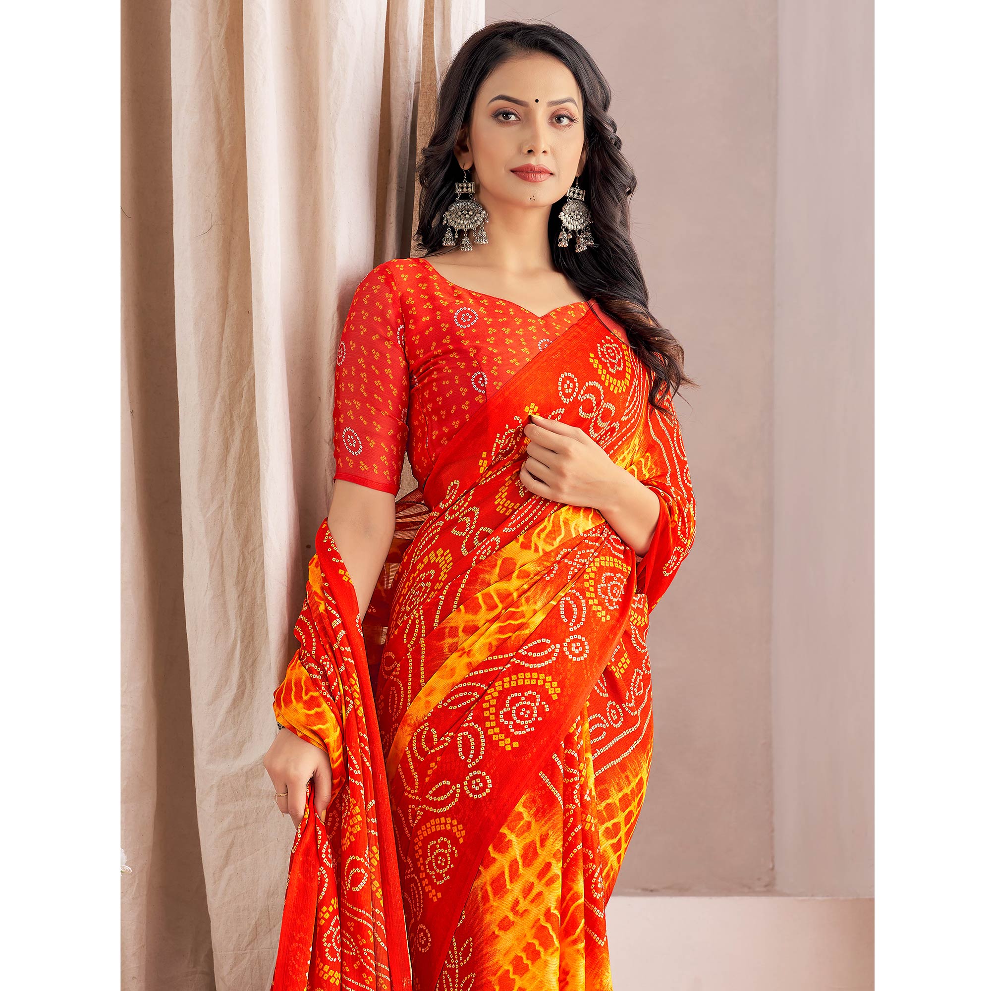 Orange Bandhani Printed Chiffon Saree