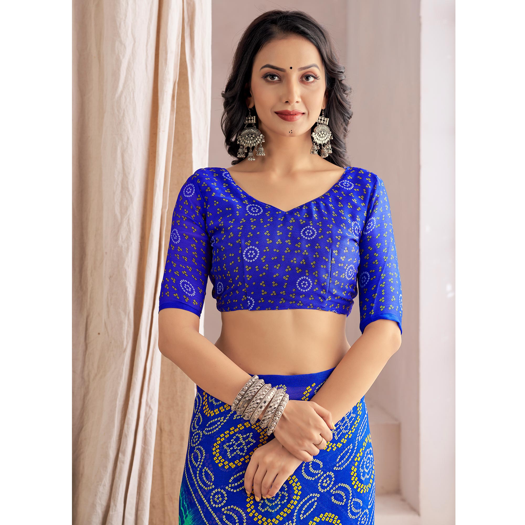 Royal Blue Bandhani Printed Chiffon Saree