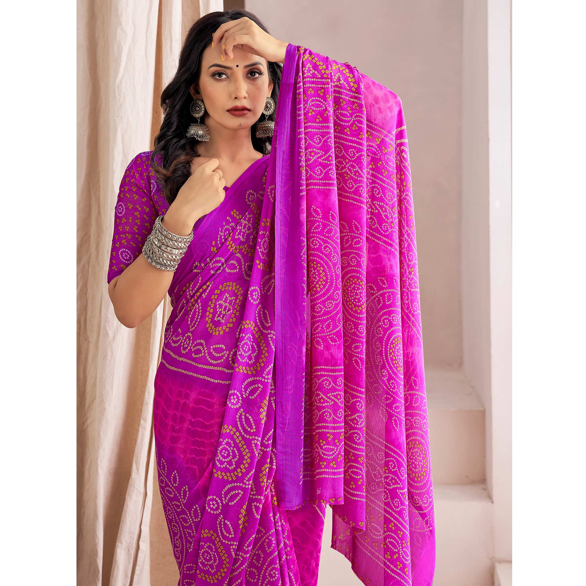 Purple Bandhani Printed Chiffon Saree