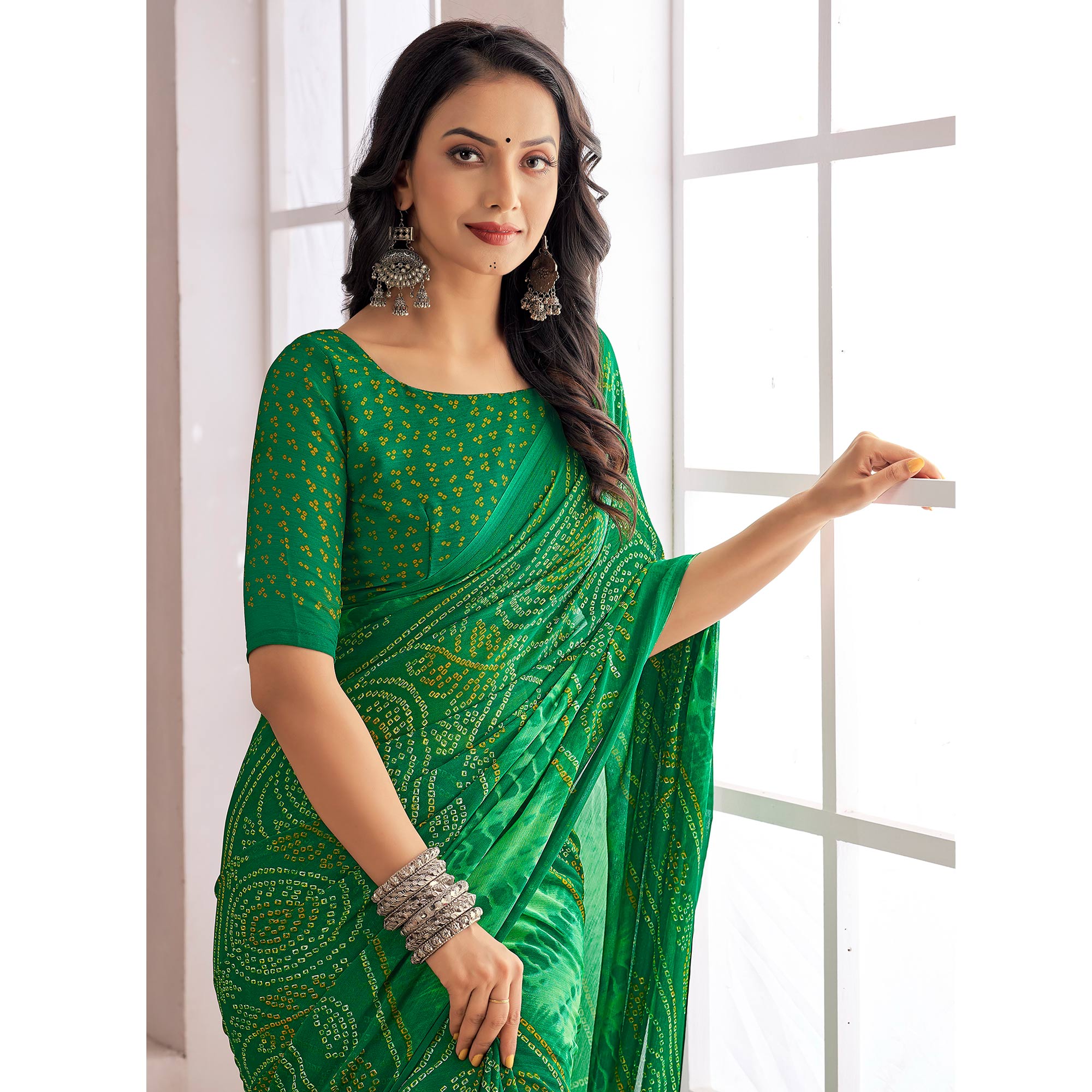 Green Bandhani Printed Chiffon Saree