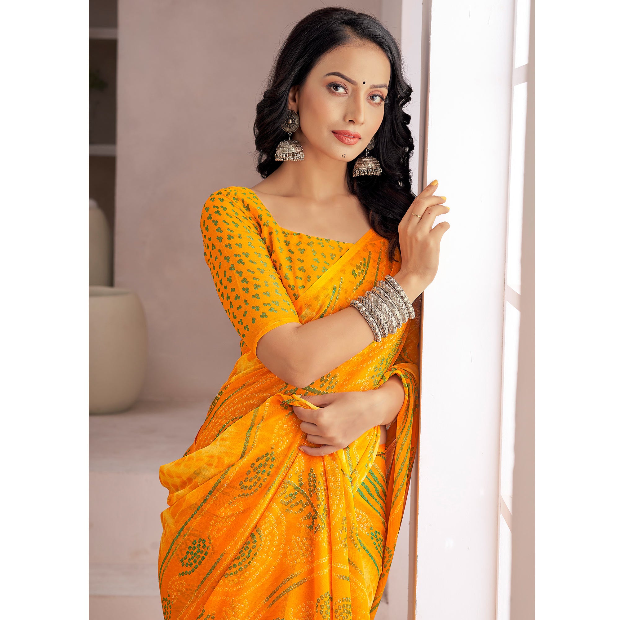 Yellow Bandhani Printed Chiffon Saree