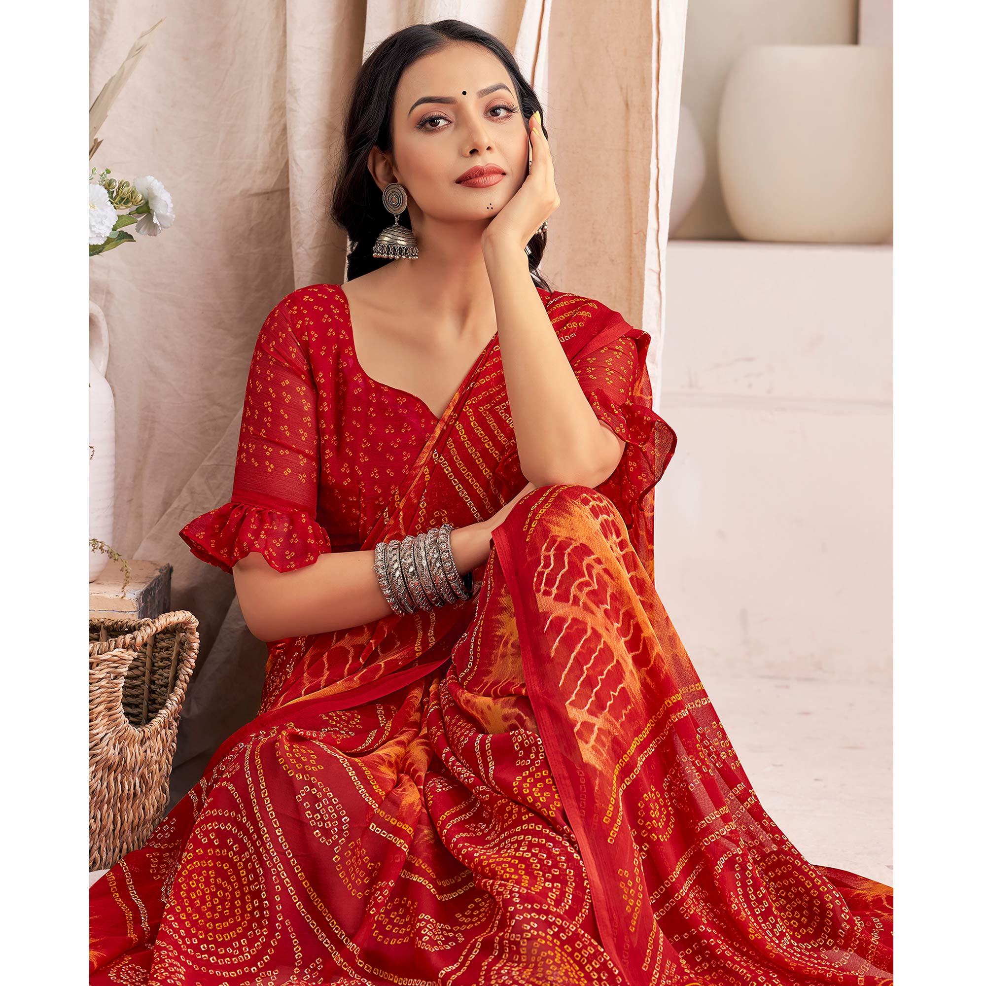 Red Bandhani Printed Chiffon Saree