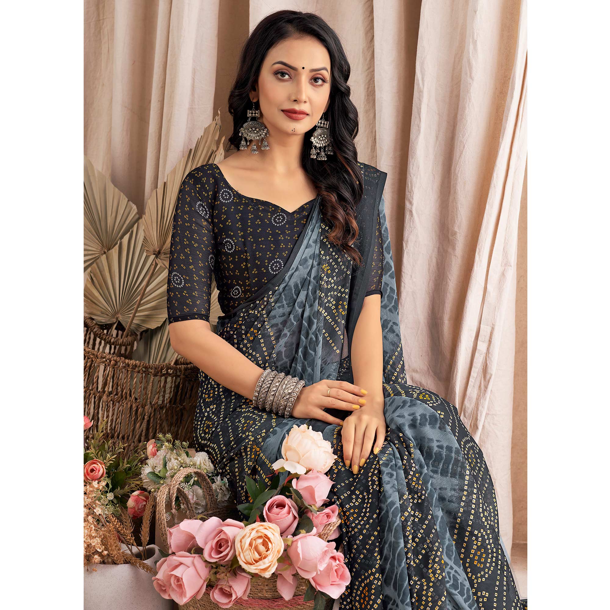 Grey Bandhani Printed Chiffon Saree