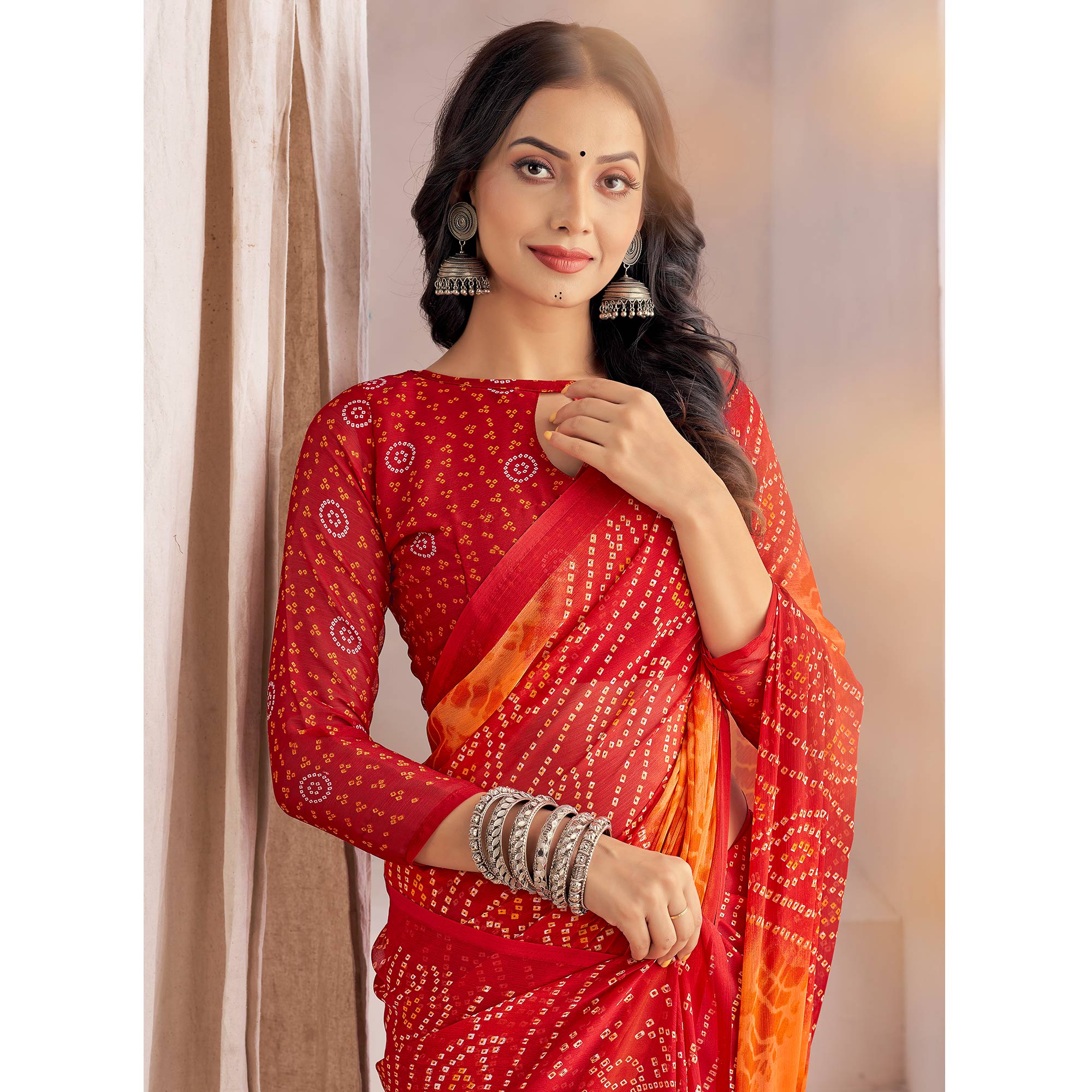 Red Bandhani Printed Chiffon Saree