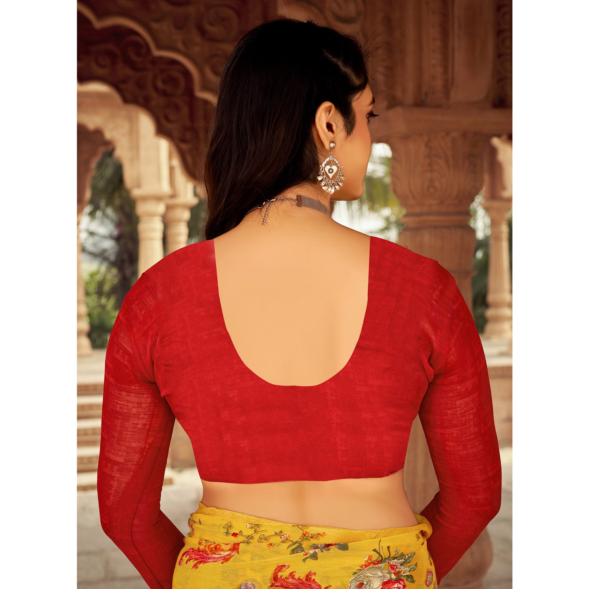 Mustard Floral Printed Chiffon Saree