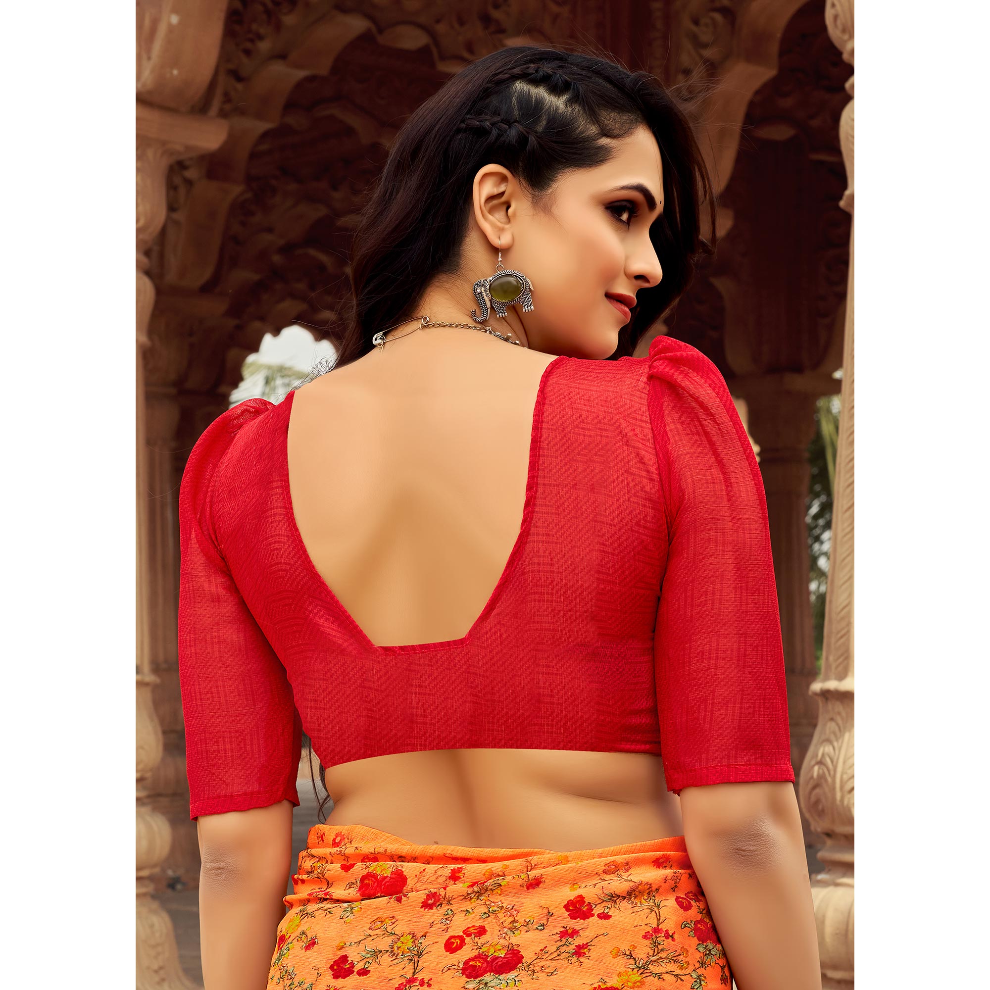 Orange Floral Printed Chiffon Saree