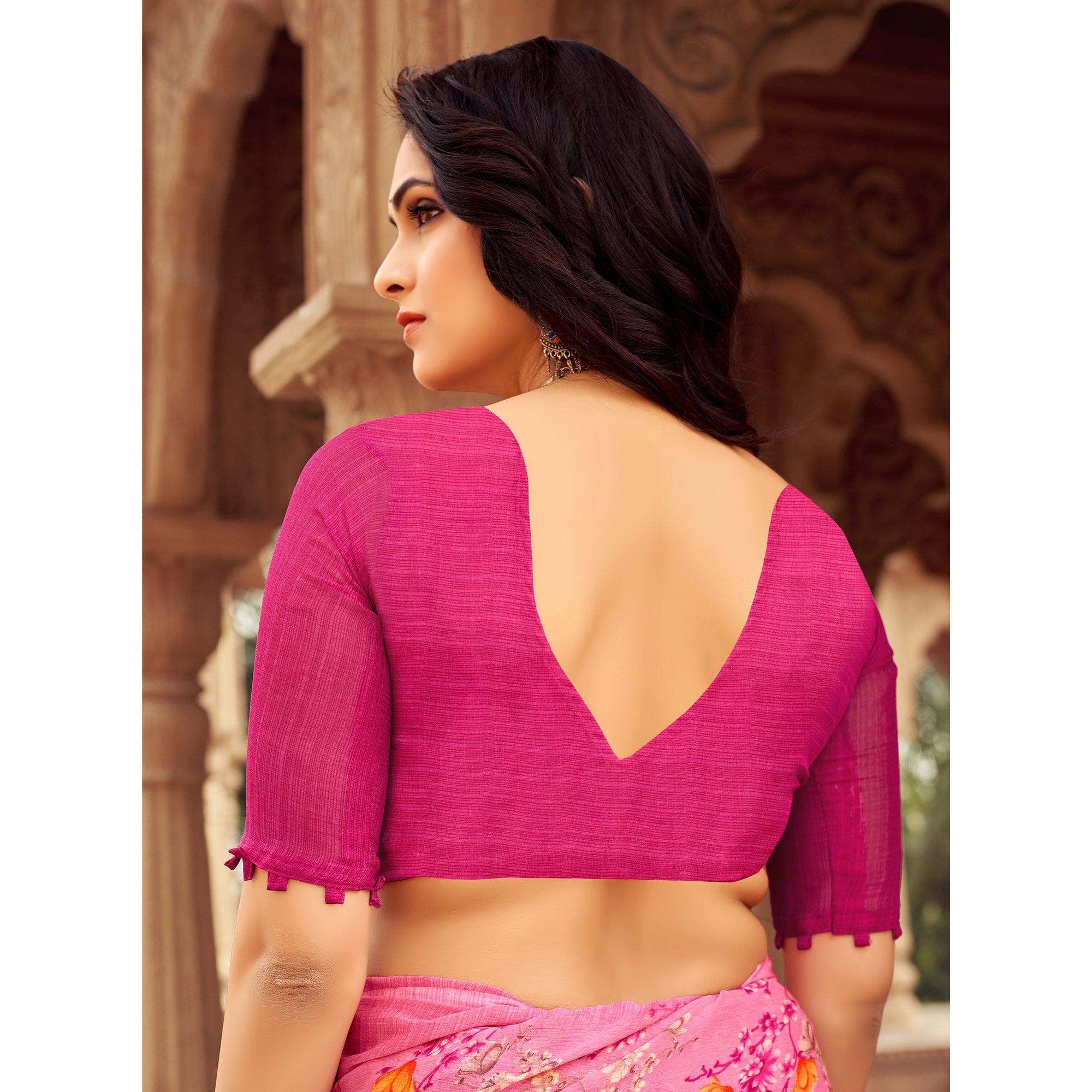 Pink Floral Printed Chiffon Saree