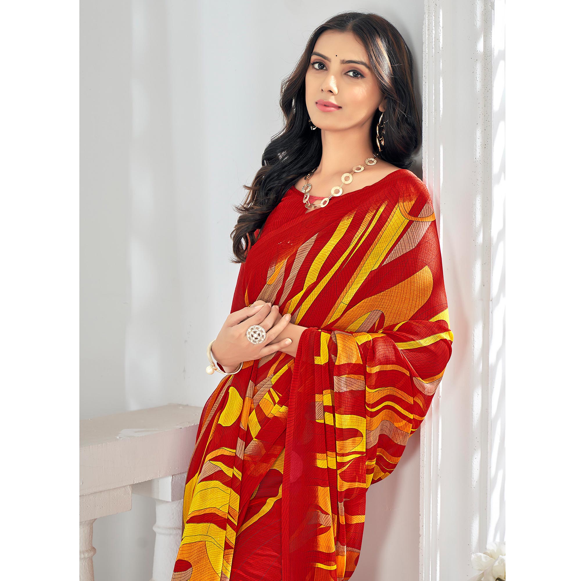 Red Printed Chiffon Saree