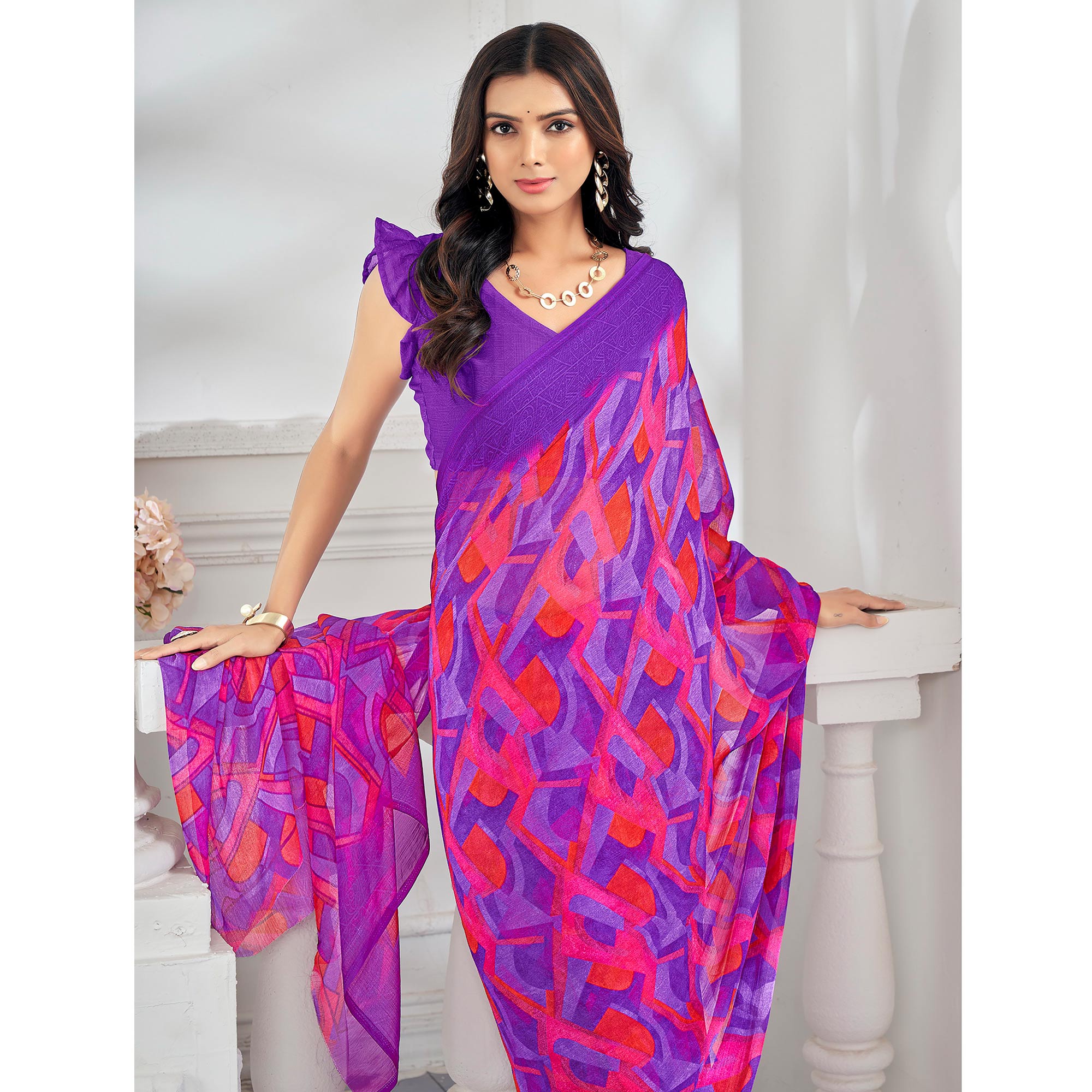 Purple Printed Chiffon Saree