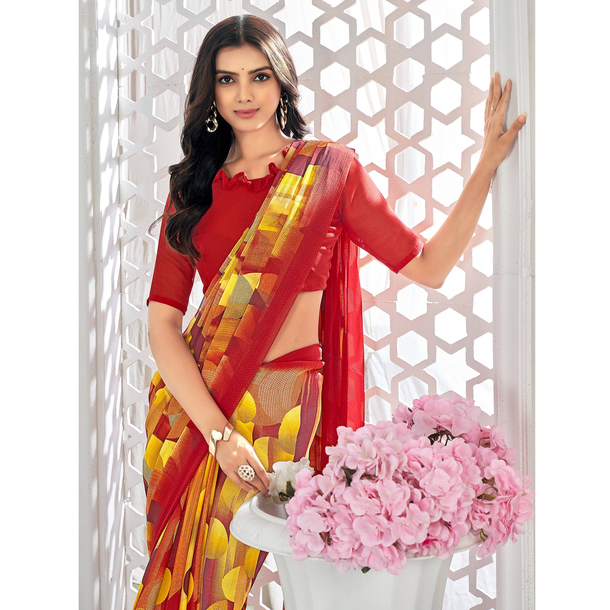 Red & Yellow Printed Chiffon Saree