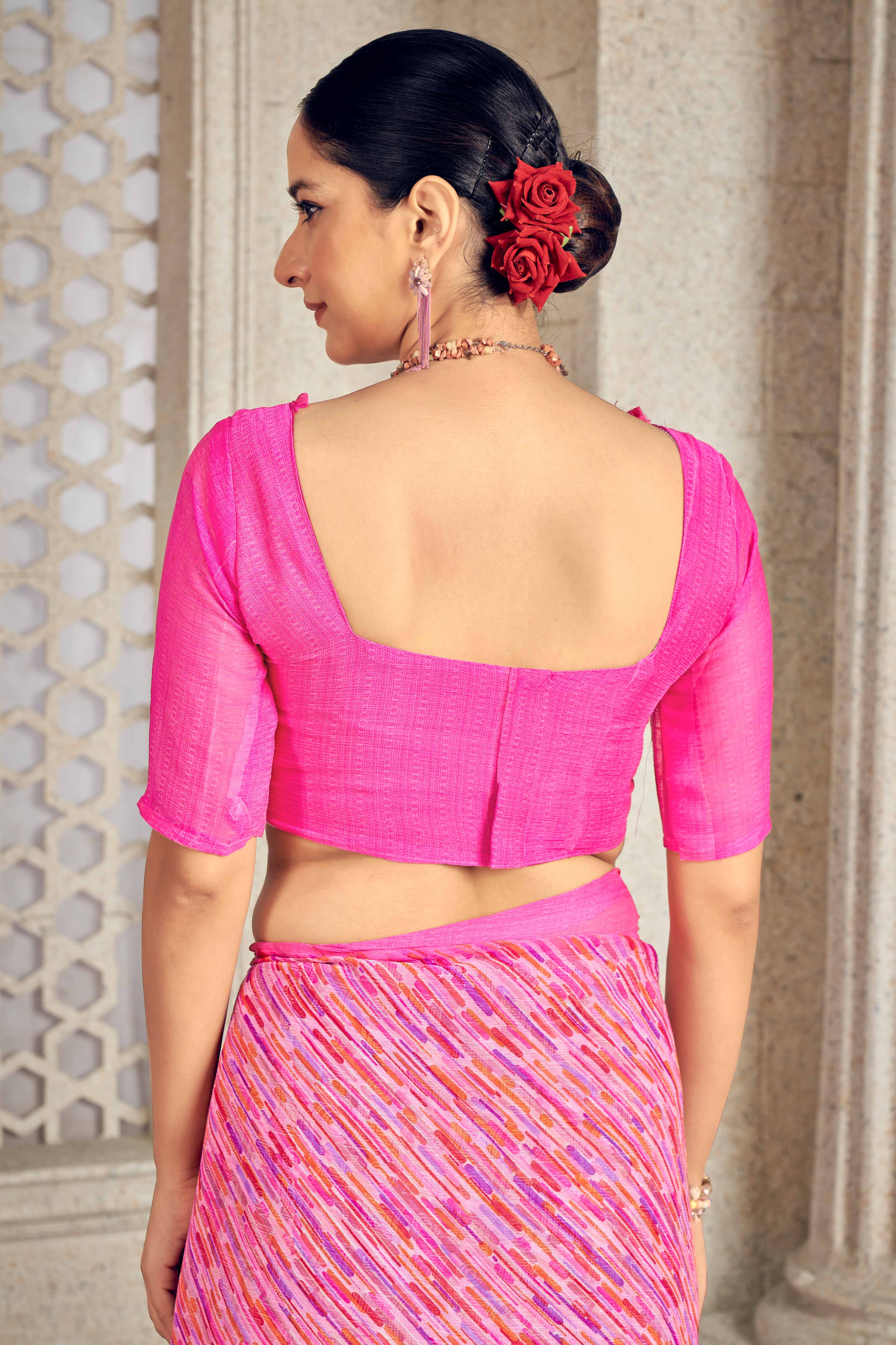 Graceful Pink Chiffon Saree With Elegant Print