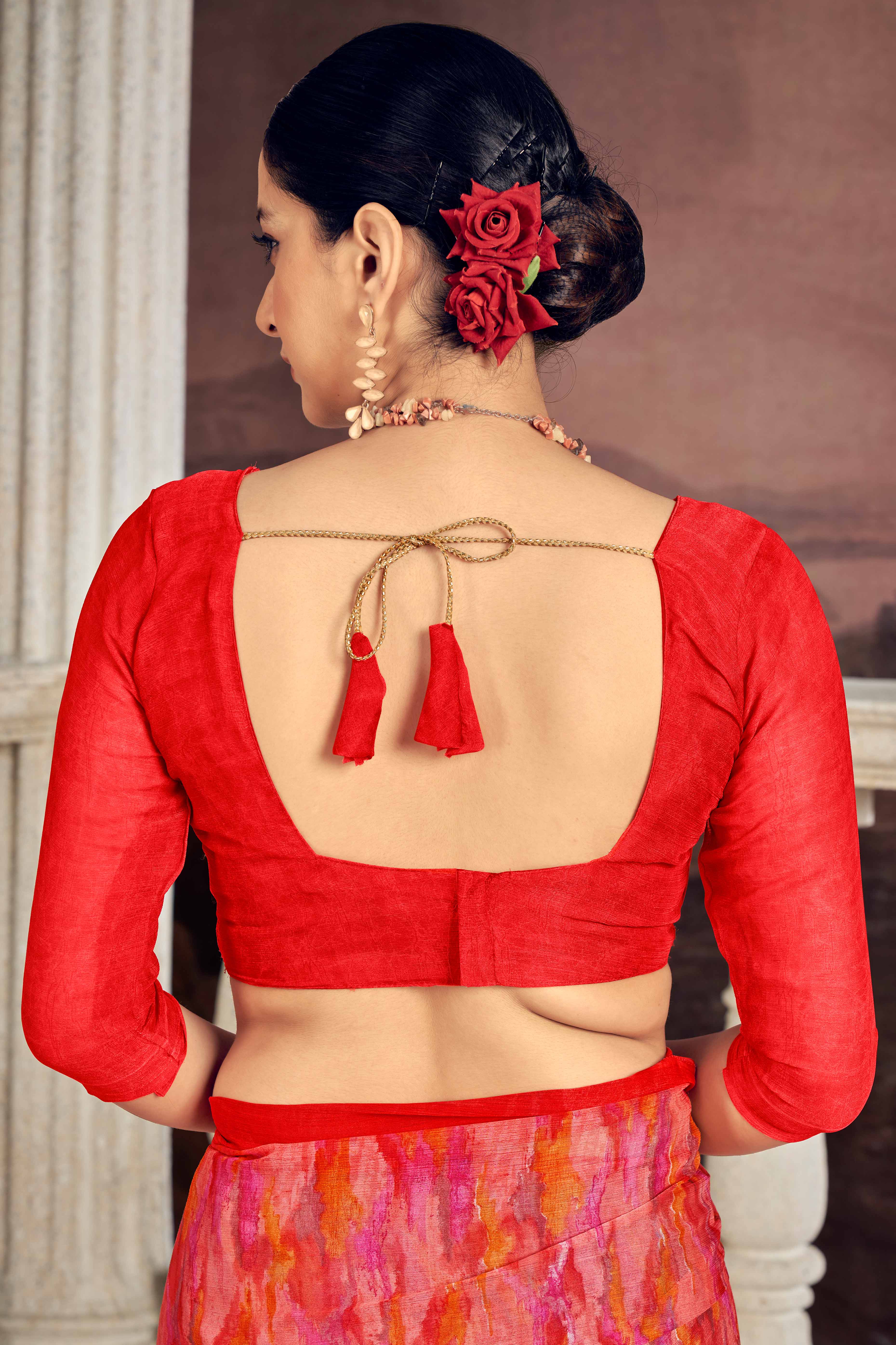 Bold Red Chiffon Saree With Artistic Abstract Prints