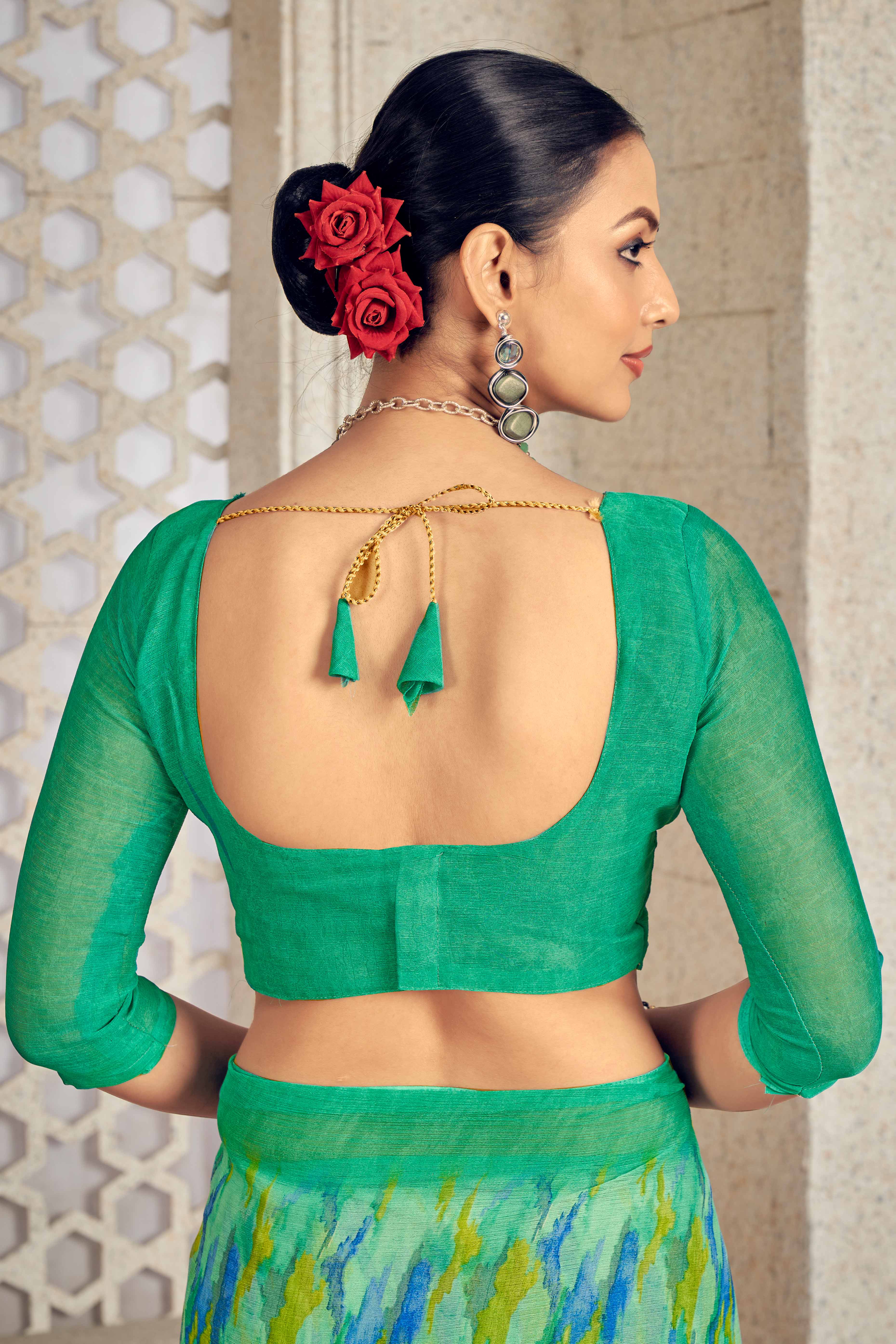 Refreshing Green Chiffon Saree With Modern Abstract Print