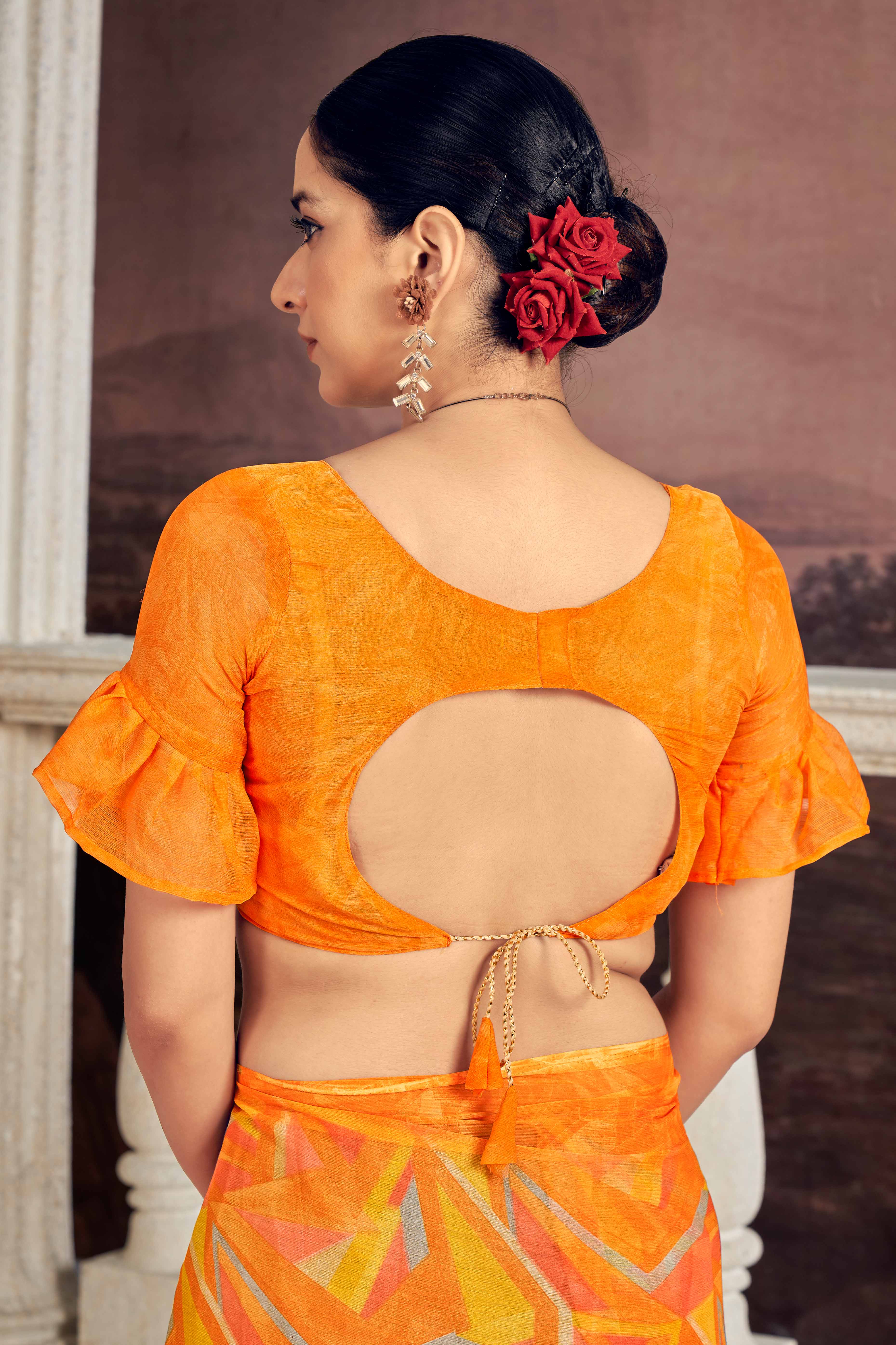 Refreshing Orange Chiffon Saree With Contemporary Geometric Print