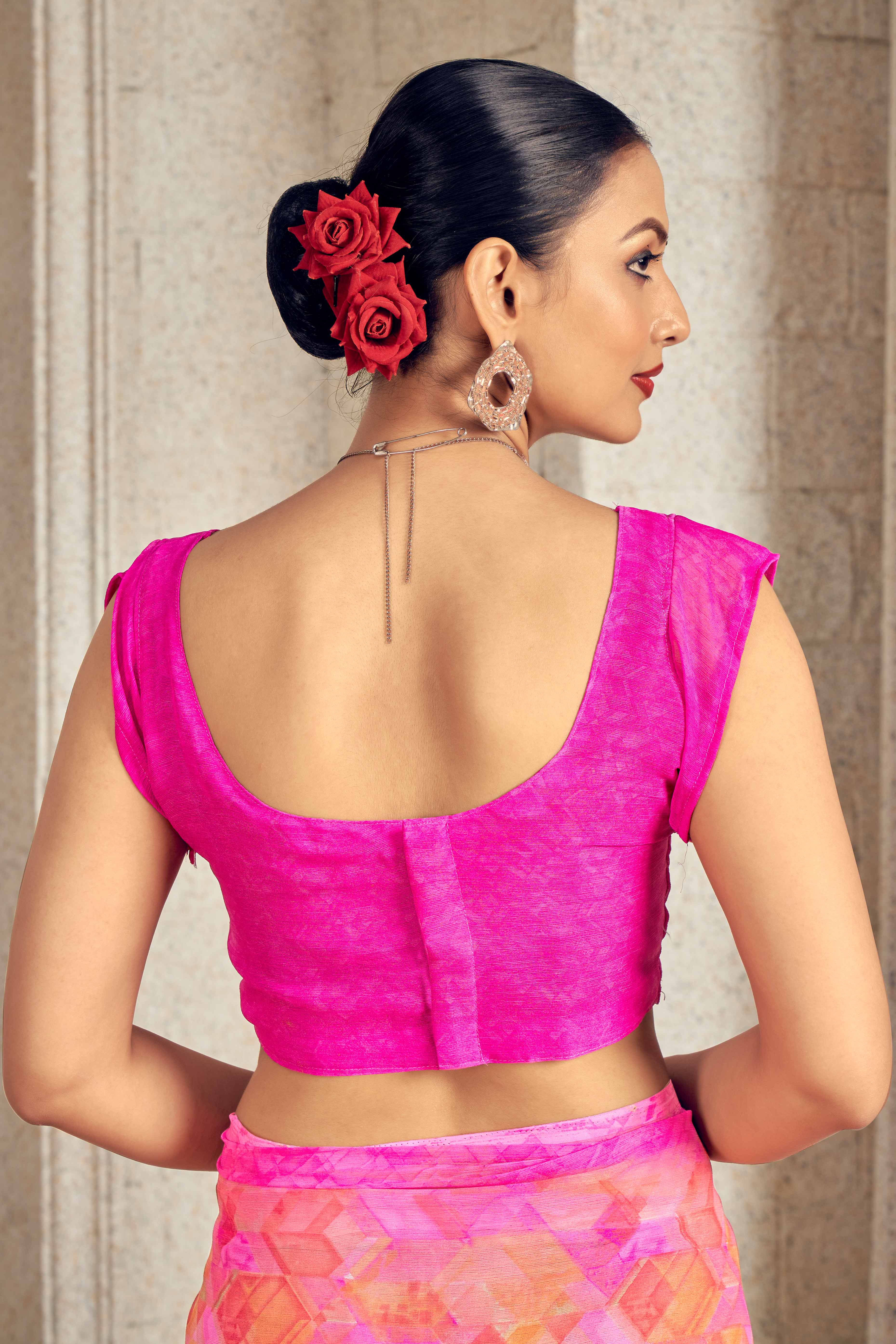 Chic Pink Chiffon Saree With Stylish Geometric Print
