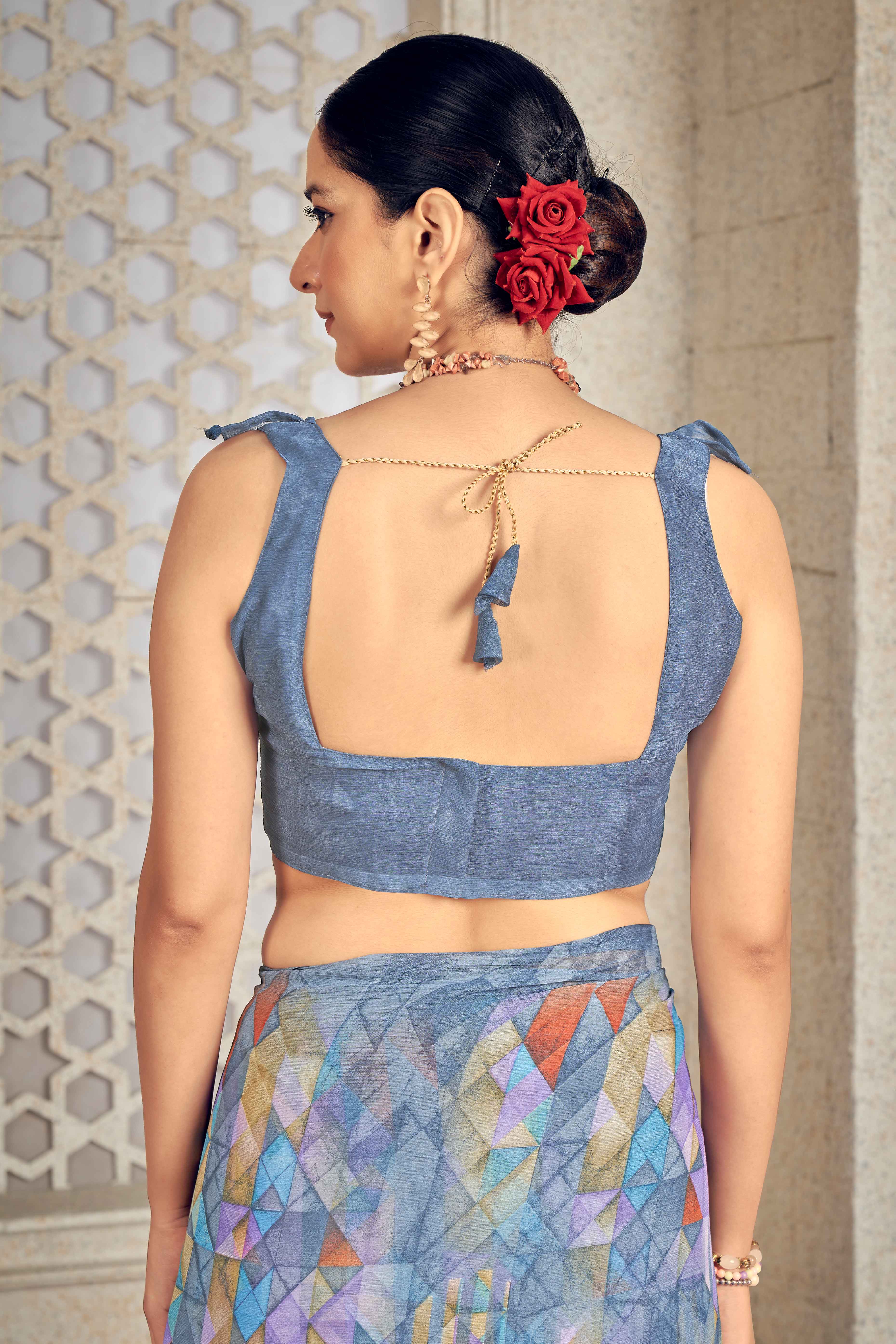 Elegant Grey Chiffon Saree With Contemporary Geometric Print