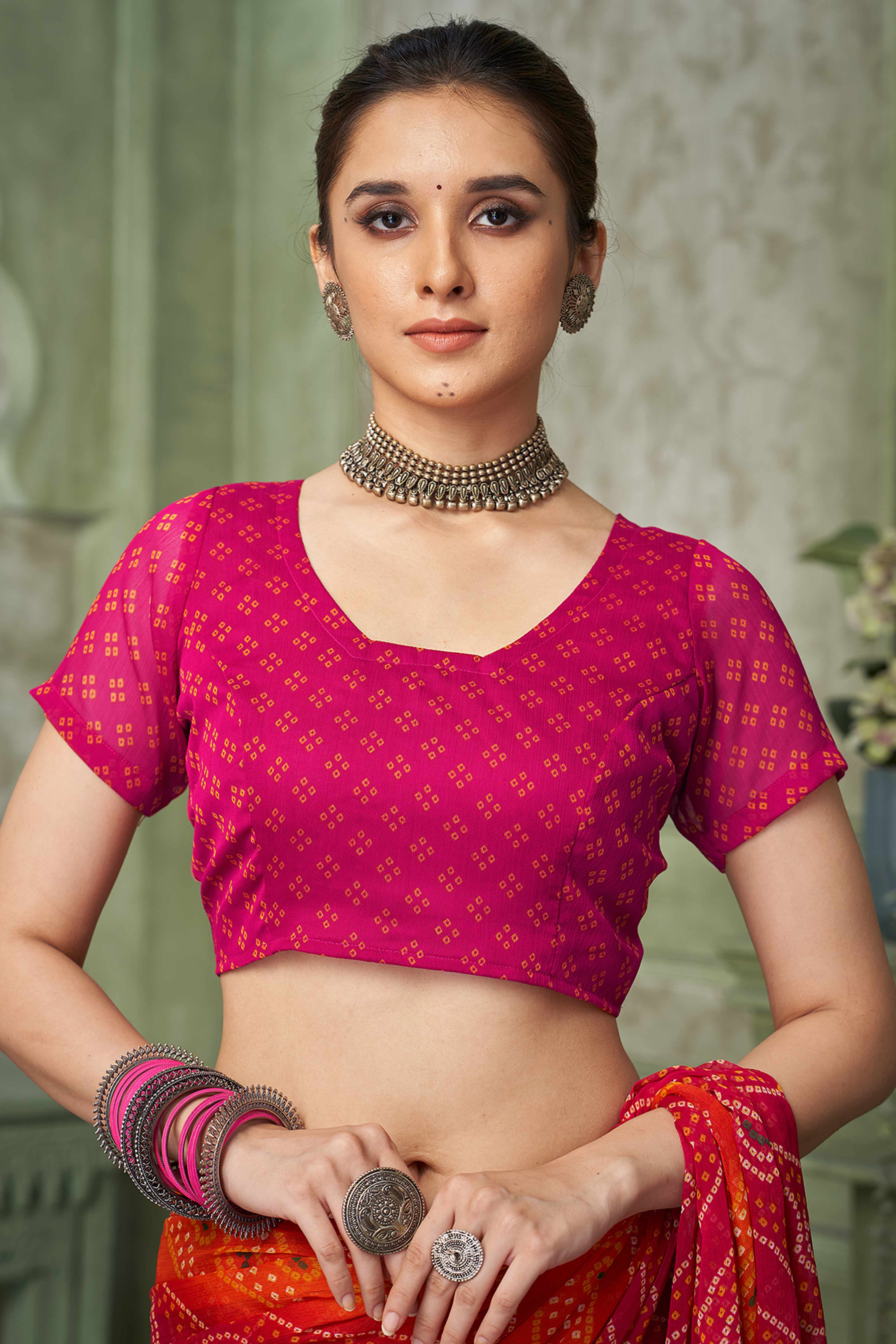 Magenta Chiffon Saree Adorned With Traditional Bandhani Print