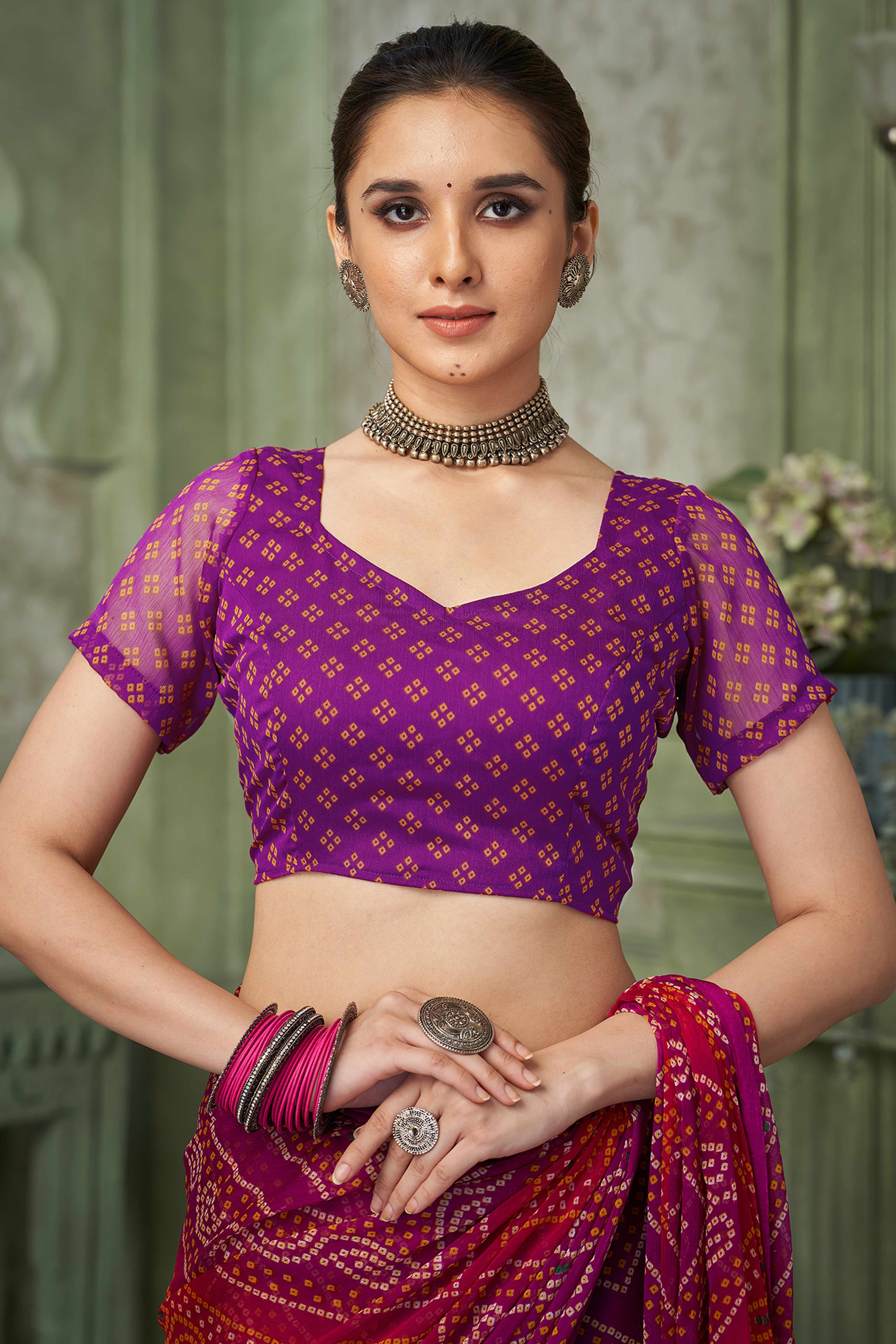 Purple Chiffon Saree Adorned With Traditional Bandhani Print