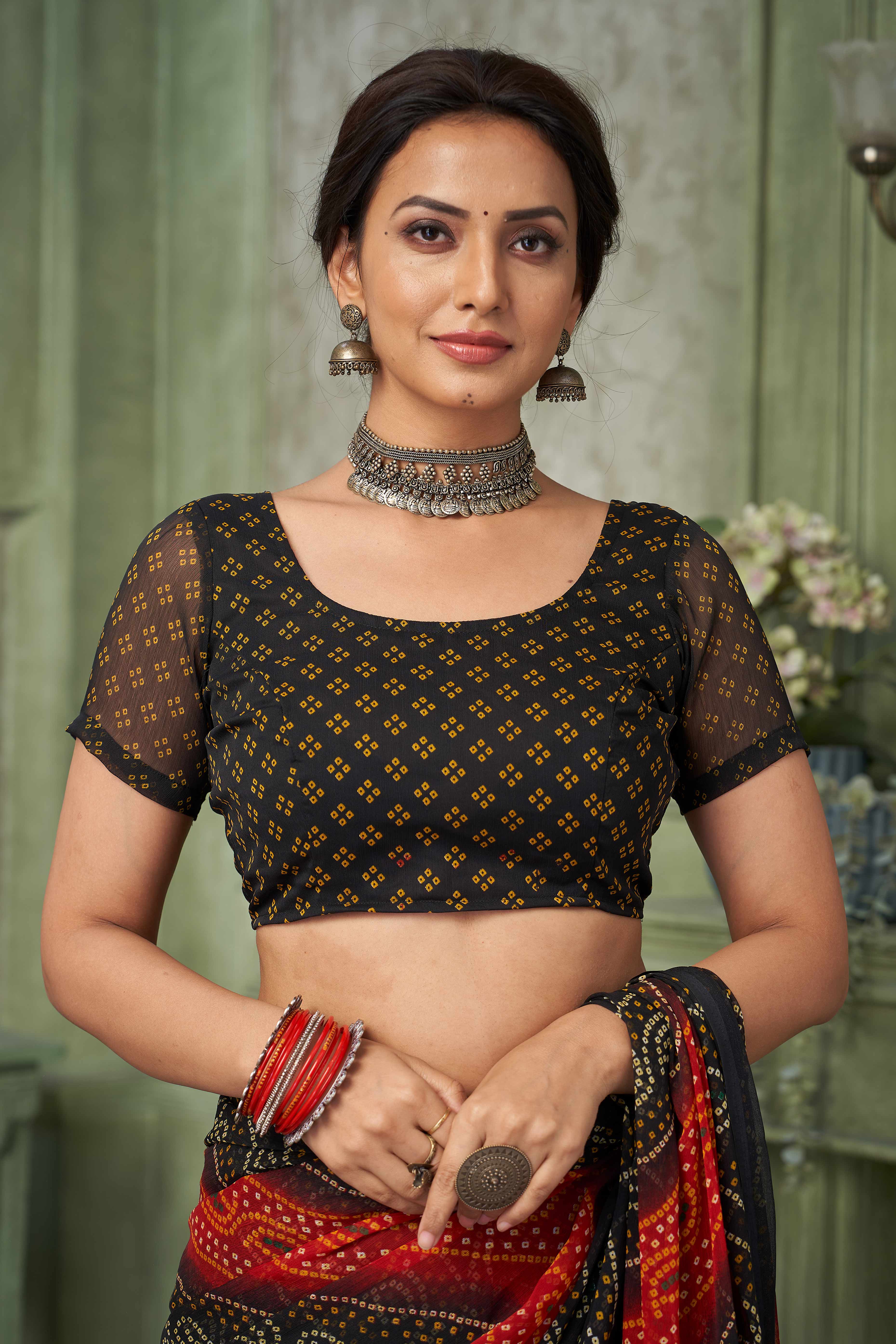 Black Chiffon Saree Adorned With Traditional Bandhani Print